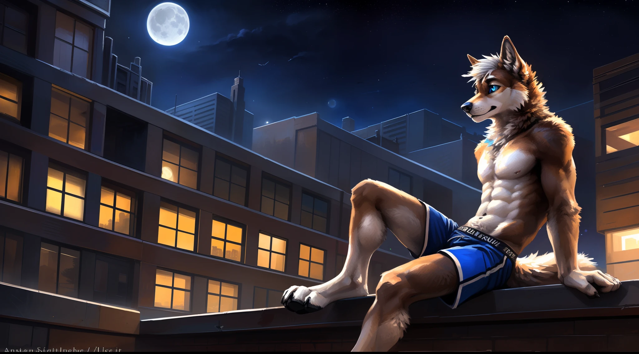 ((Solo)), male people, anthro wolf, (Multi-colored fur, White-brown:1.3), ((Dog face, White hair, Big eyes, White eyelids, Blue pupil, Slim:1.2) (Tough, Calm expression:1.2)), ((sport:1.1)), Abs, Slim, pinging)), (Correct anatomy), (Work shorts:1.1), (Contour bone:1.2), The upper body is naked, (detailed outfits),large tail,Feet,Longer legs,(Realistic fur, Detailed fur texture, labeled:1.3)), (Natural lighting), Photorealistic, Hyperrealistic, ultradetailed, by Kenket,In the modern city,Roof,the night,Sit alone,Look at the full moon,It was dark,Starry
