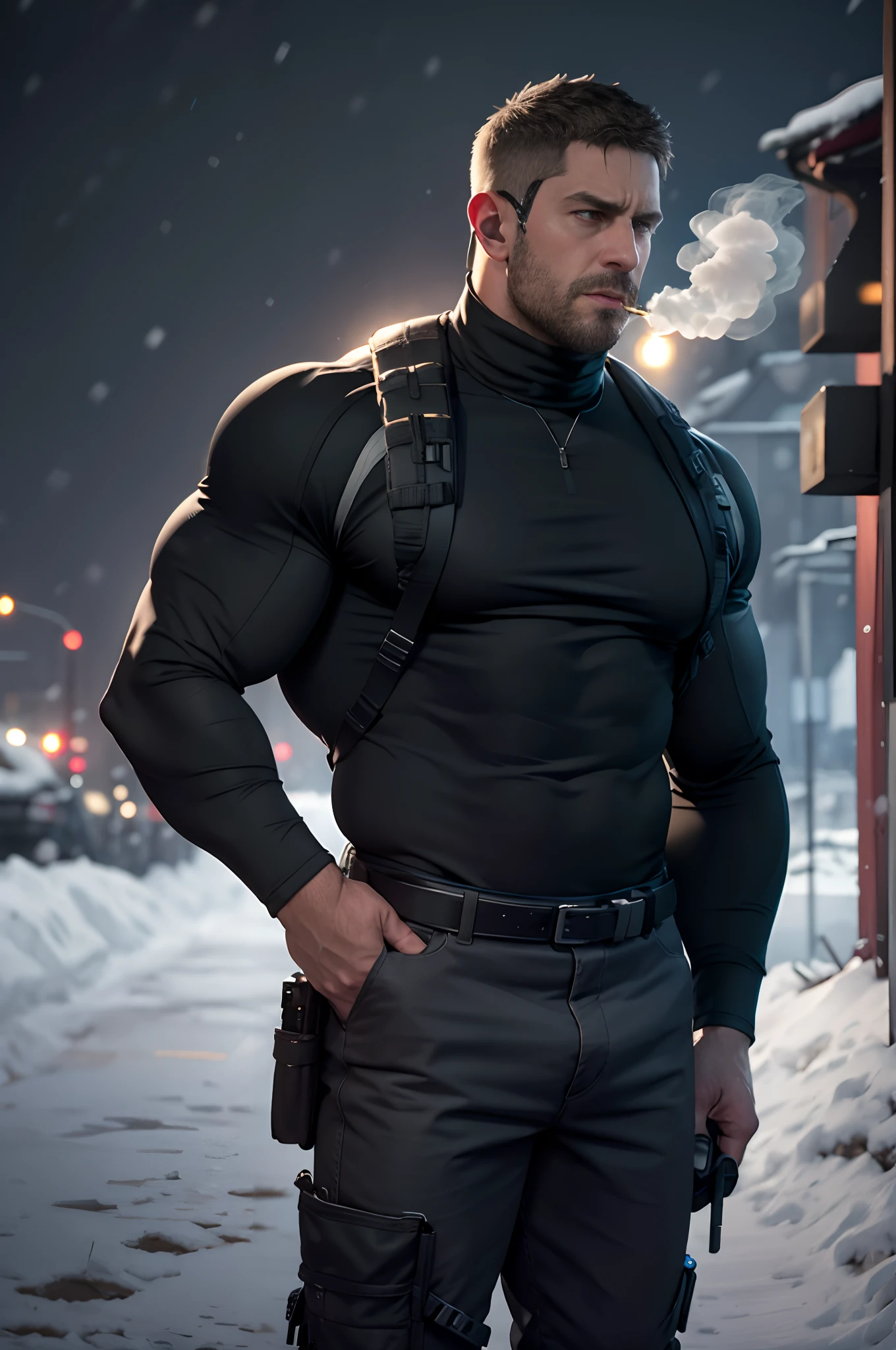 Dark gothic village in the background, old Chris Redfield from Resident Evil 8, 48 year old, muscular male, tall and hunk, biceps, abs, chest, all black cold turtleneck shirt, long sleeves, black trousers, shoulder holster, earpiece, belt, thick beard, cold face, cigarette in mouth, smoke, video games style, high resolution:1.2, best quality, masterpiece, dark nightime, dark atmosphere, winter, snowing, shadow, upper body shot