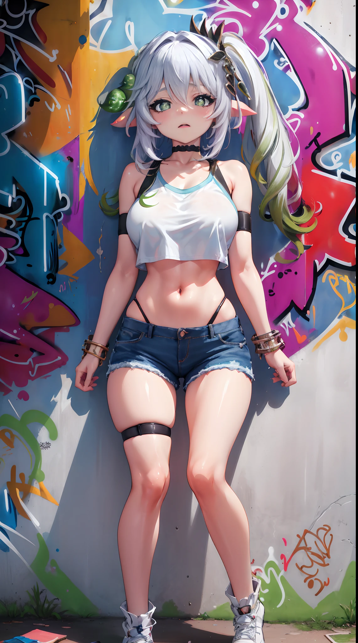 Nahida Genshin results, masterpiece, bestquality, 1girls, bara, crop top, shorts jeans, choker, (Graffiti:1.5), Splash color into letters"Kujou Sara",  arm behind back, against wall, looking at the audience, bracelet, Thigh strap, Paint on the body..........................., Head tilt, bored, multicolored hair, water eyes, headset,