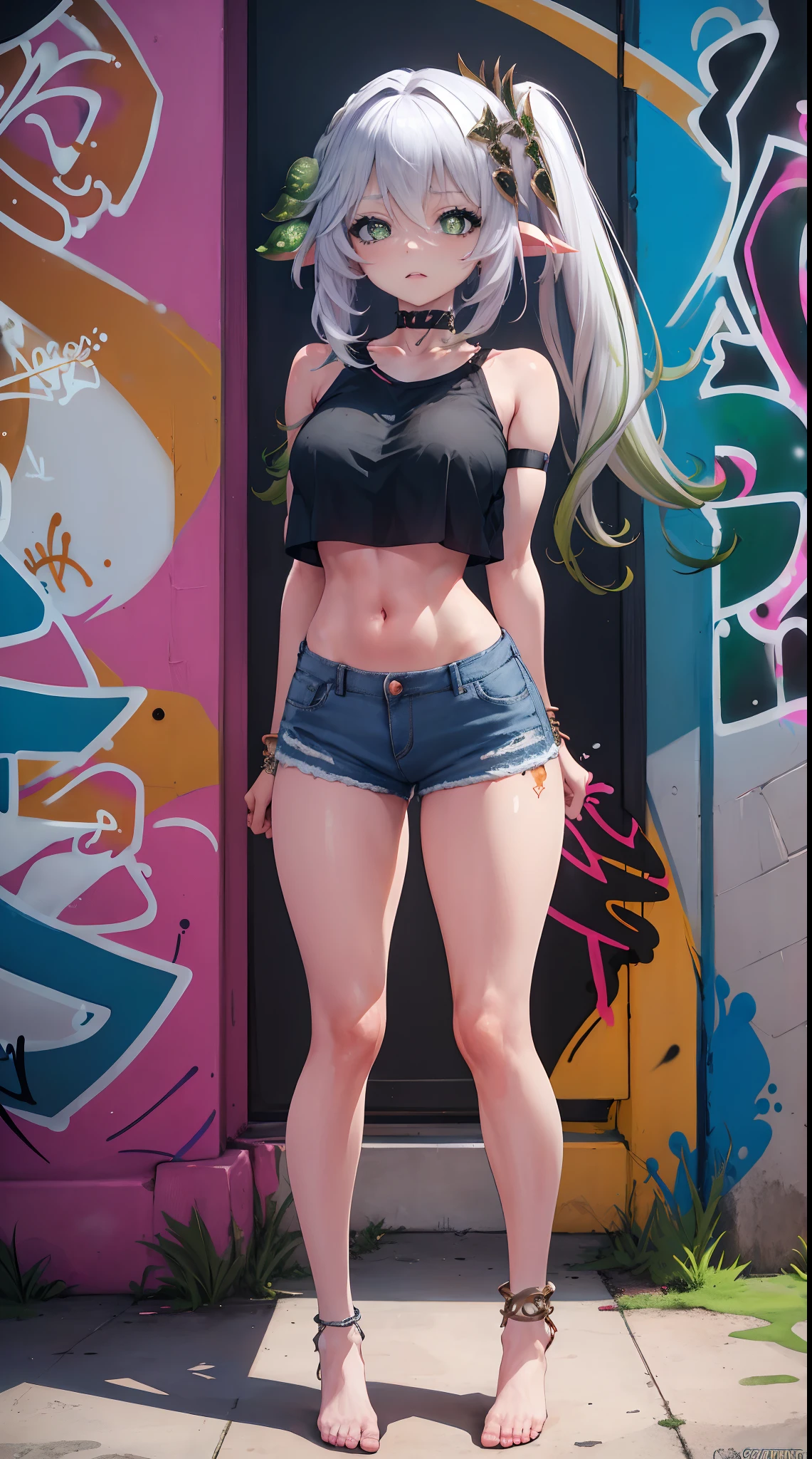 Nahida Genshin results, masterpiece, bestquality, 1girls, bara, crop top, shorts jeans, choker, (Graffiti:1.5), Splash color into letters"Kujou Sara",  arm behind back, against wall, looking at the audience, bracelet, Thigh strap, Paint on the body..........................., Head tilt, bored, multicolored hair, water eyes, headset,