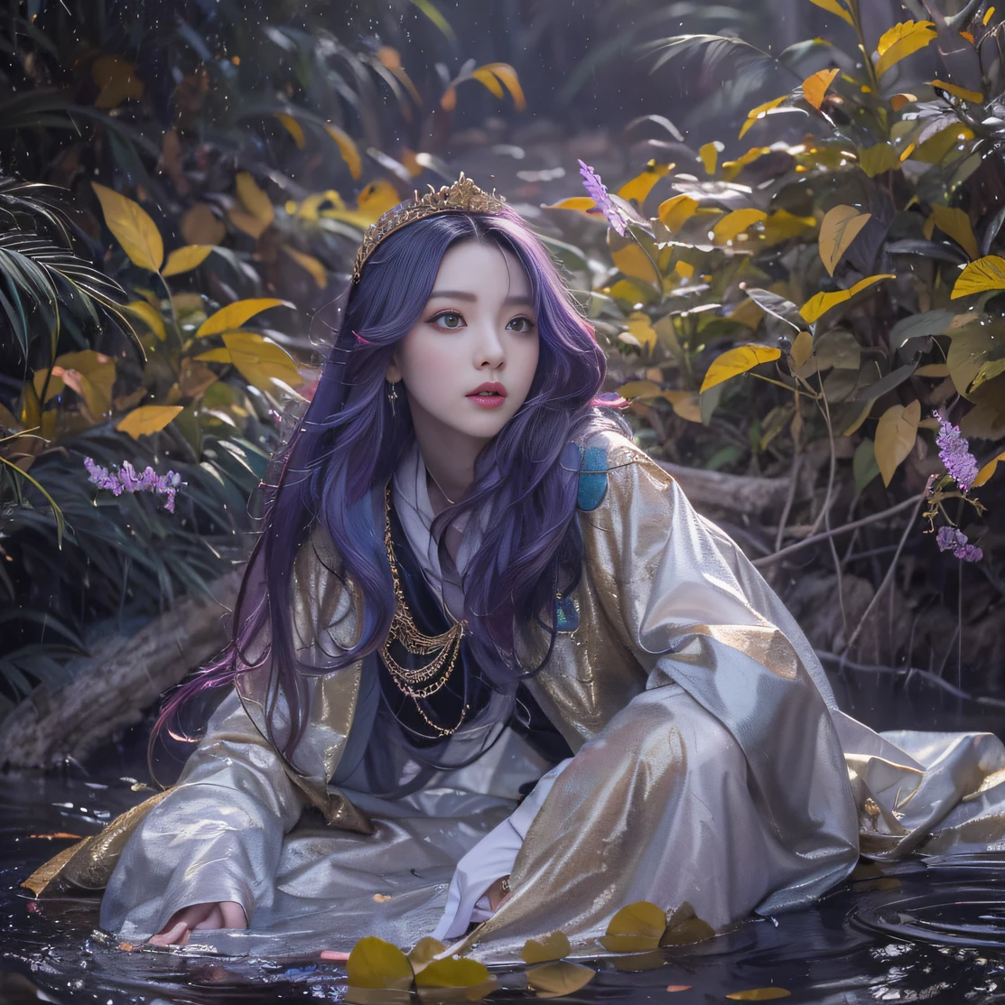 Genki Girl 32K（tmasterpiece，k hd，hyper HD，32K）Long flowing bright purple hair，Autumn Pond，zydink， a color，Silent （The astronaut）， （Black and gold scarf）， Combat posture， looking at the ground， long whitr hair， Floating bright purple， Fire cloud pattern gold tiara， Chinese long-sleeved gold silk garment， （Abstract metaverse splash：1.2）， white backgrounid，Lotus vitality protector（realisticlying：1.4），Bright purple hair，Smoke on the road，The background is pure， A high resolution， the detail， RAW photogr， Sharp Re， Nikon D850 Film Stock Photo by Jefferies Lee 4 Kodak Portra 400 Camera F1.6 shots, Rich colors, ultra-realistic vivid textures, Dramatic lighting, Unreal Engine Art Station Trend, cinestir 800，A girl with long flowing bright purple hair