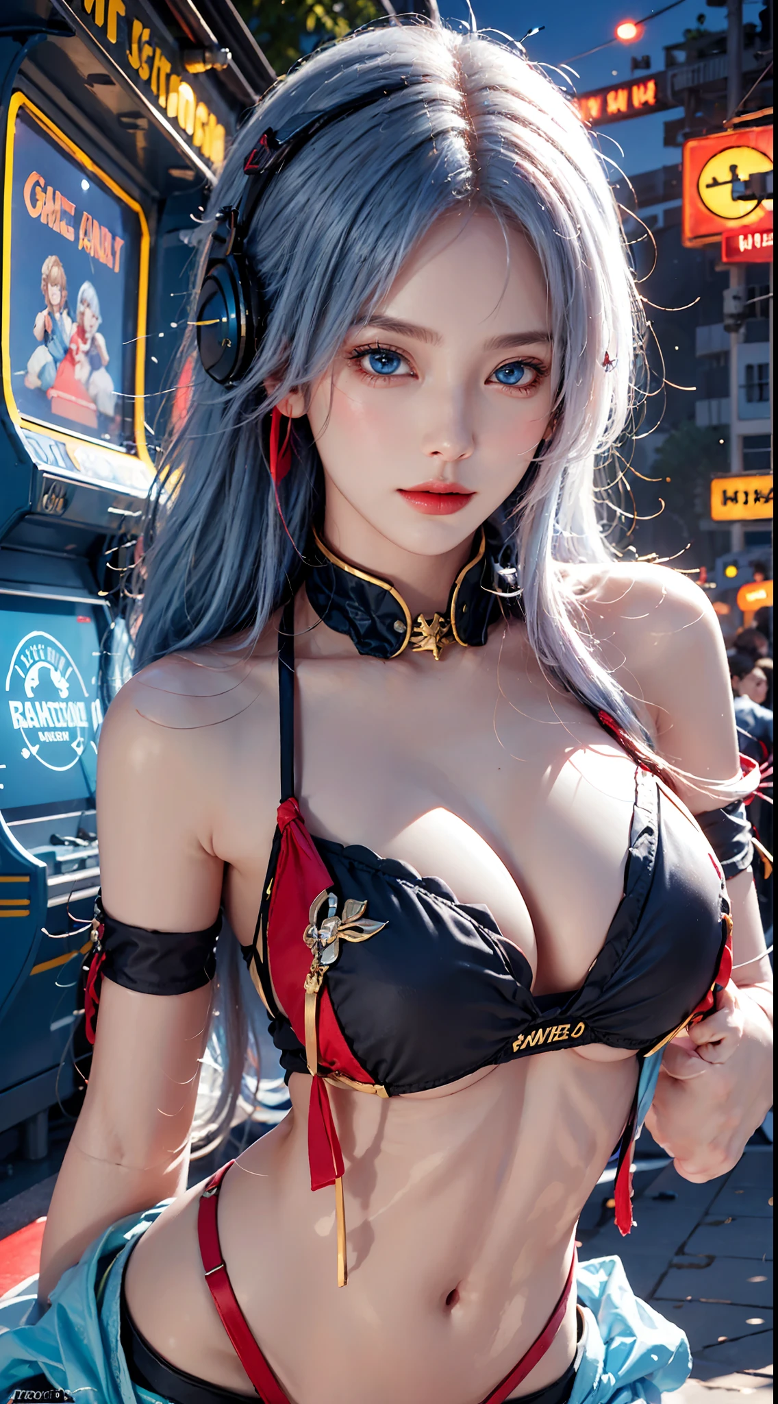 photography awards, masterpiece, blue hair, blue eyes, photorealistic, high resolution, soft light, red t-shirt, 1women, solo, hips up, Gamer girl, Game center, arcade, shining skin, dynamic pose, bright, Game center background, high background detail, dim light, night, pink headphone