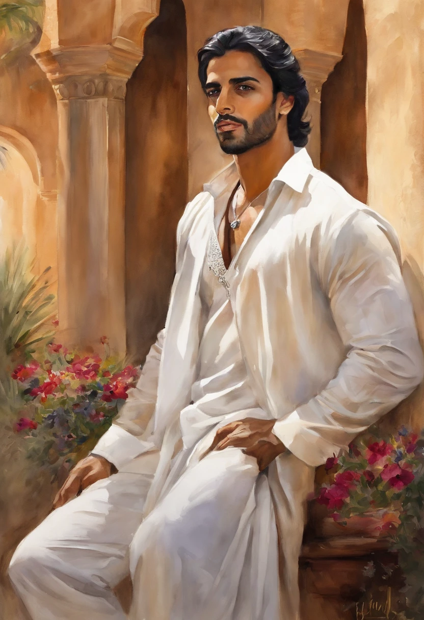 Arab prince, Arabian, mansion, 1guy. solo, brown skin, black hair, white clothes, perfect face, Masterpiece, Top quality, Best quality, High quality, Ultra-detailed, fire in the background, Vibrant colors, Solo, Extremely detailed