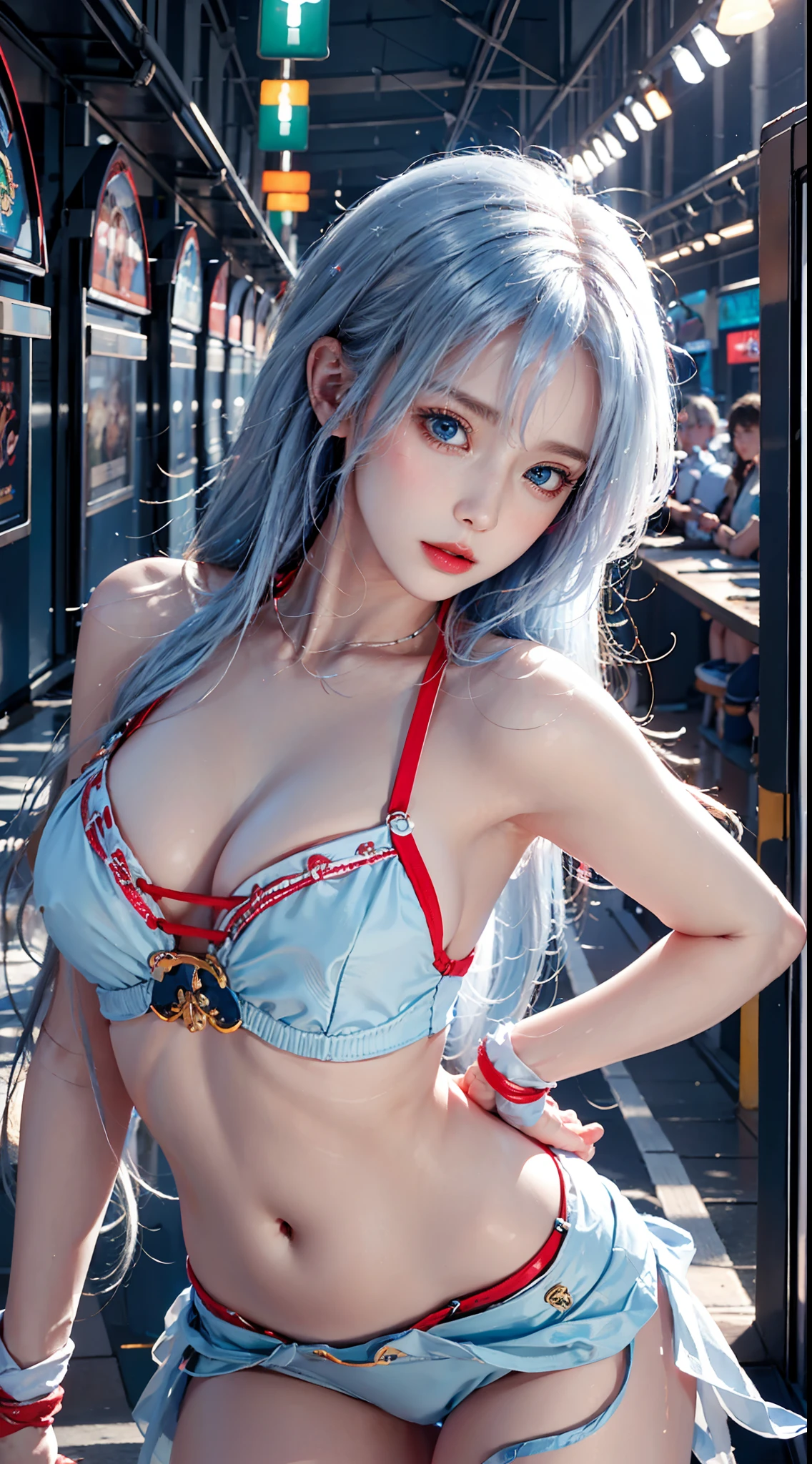 photography awards, masterpiece, blue hair, blue eyes, photorealistic, high resolution, soft light, red t-shirt, 1women, solo, hips up, Gamer girl, Game center, arcade, shining skin, dynamic pose, bright, Game center background, high background detail, dim light, night, pink headphone