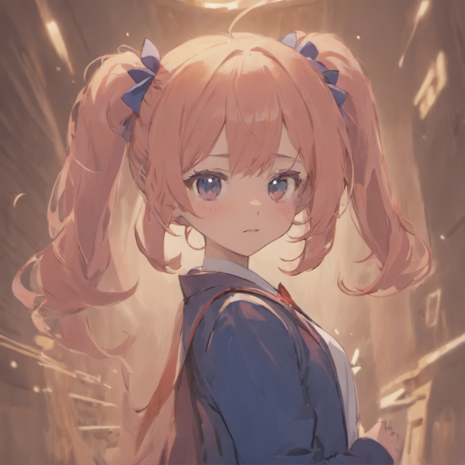 Very cute chibi anime girl, Mini Characters、Solo, Simple background, Beautiful twin tails 、 Pretty girl、Cute Chibi、 Dark blue blazer, Pink skirt、High School Uniform, Full body , Highly detailed face and eyes, The contours are clear、I put my hand on my cheek and was surprised.(Oh My Gar)