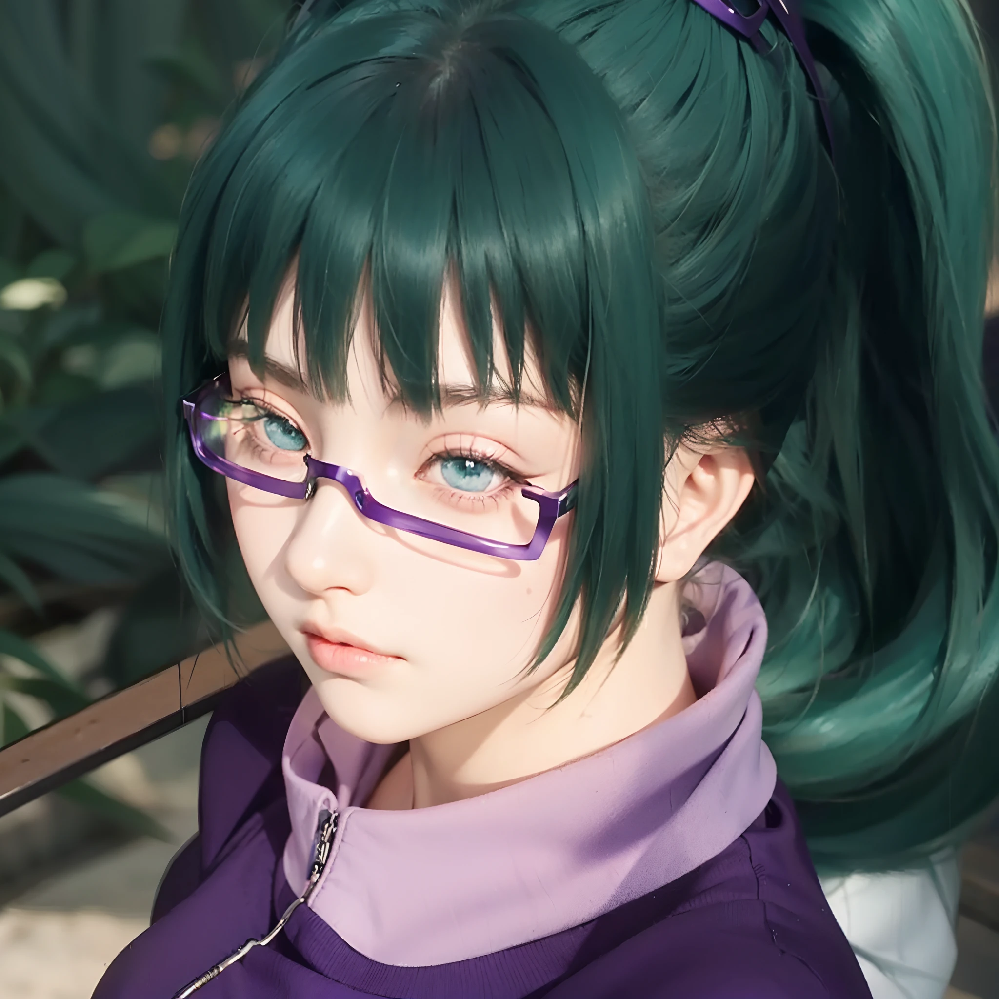 Real life adaption of this character, beautiful face,realistic outfit wear purple glasses,detailed eyes,realistic green hair,realistic background,hyper realistic,realism,realistic light, realistic shadow,(photorealistic:1.2), looking to viewer