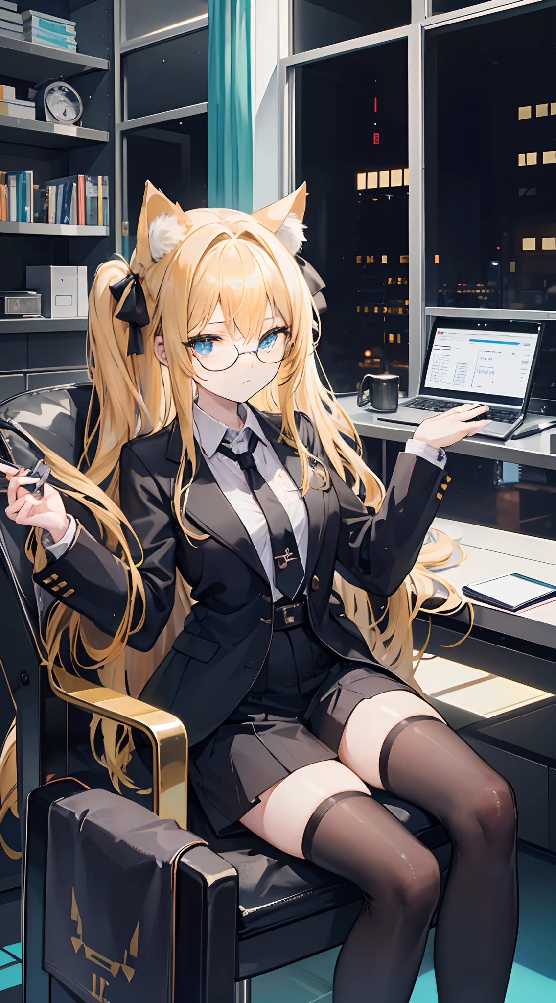 18-year-old girl with golden hair, Turquoise eyes, Long hair, black ribbon tie at the back.. Cat ears with collar, Glasses Wear a black women's work suit., sit on a chair.