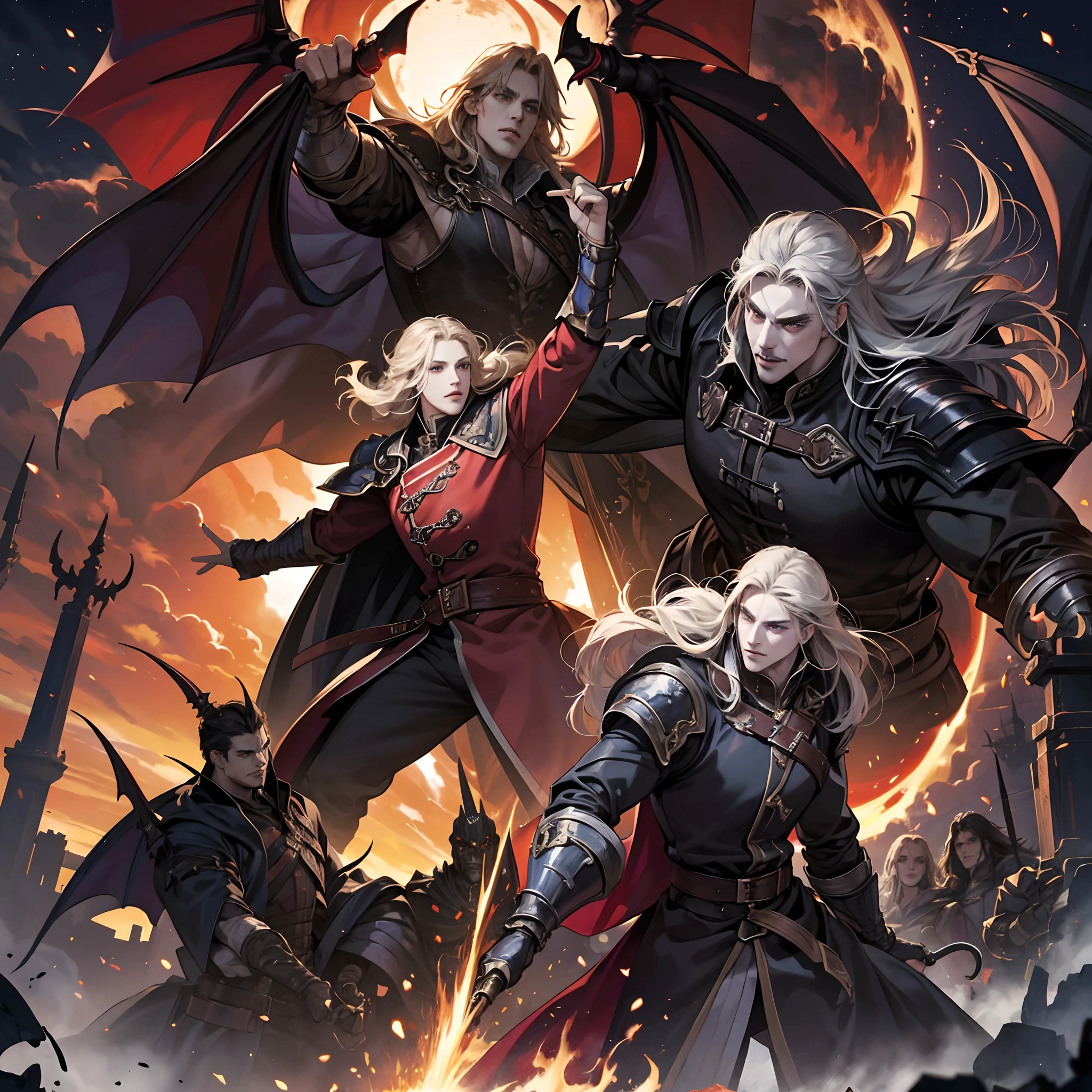 Castlevania Shadow Lord handsome muscular yet armor Lord Dracula leading troops armed with demons to war hyper realistic super detailed Dynamic pose super detailed faces hyper realistic super detailed