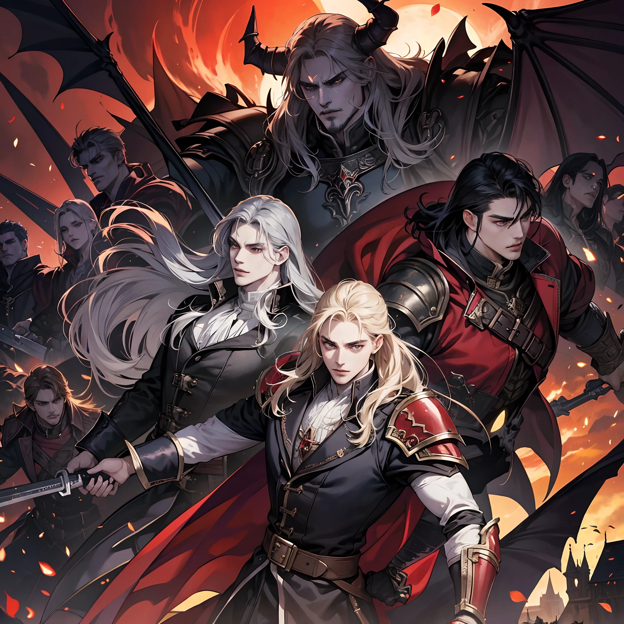 Castlevania Shadow Lord handsome muscular yet armor Lord Dracula leading troops armed with demons to war hyper realistic super detailed Dynamic pose super detailed faces hyper realistic super detailed