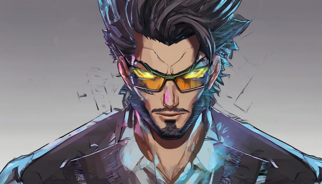 Retrato de um homem de 25 anos de idade de cabelo preto com traje de personagem de luta do jogo tekken 7,(altamente detalhado: 1.2), Hyper-detailed eyes and use of cyberpunk-style glasses: 1.2)
