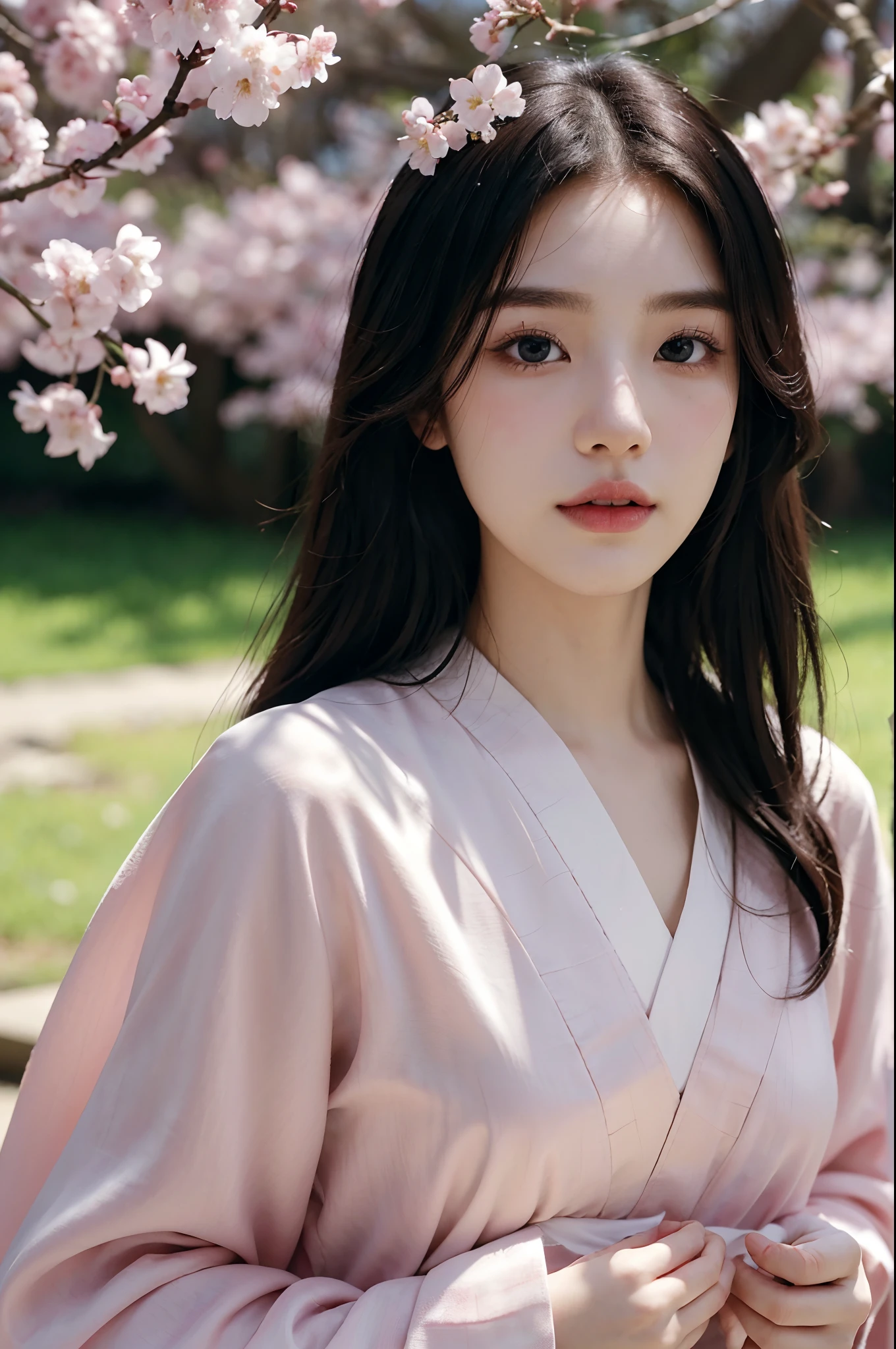 (best quality,4k,8k,highres,masterpiece:1.2),ultra-detailed,(realistic,photorealistic,photo-realistic:1.37),beautiful detailed eyes,beautiful detailed lips,extremely detailed eyes and face,long eyelashes,1girl,Korean,under the cherry blossoms,captivating smile,feminine charm,flowing black hair,traditional hanbok attire,elegant posture,graceful dance moves,soft sunlight filtering through the branches,subtle hues of pink and white,serene atmosphere,subtle breeze rustling the petals,portrait style painting,meticulous brushstrokes,textured canvas,delicate petals,ethereal beauty,subtle blush on the cheeks,natural yet enhanced features,classic Korean makeup,sparkling eyes,natural surroundings,tranquil background,traditional Korean garden,ornate wooden architecture,colorful lanterns,distinctive Korean style,subtle scent of the cherry blossoms,soft music playing in the background