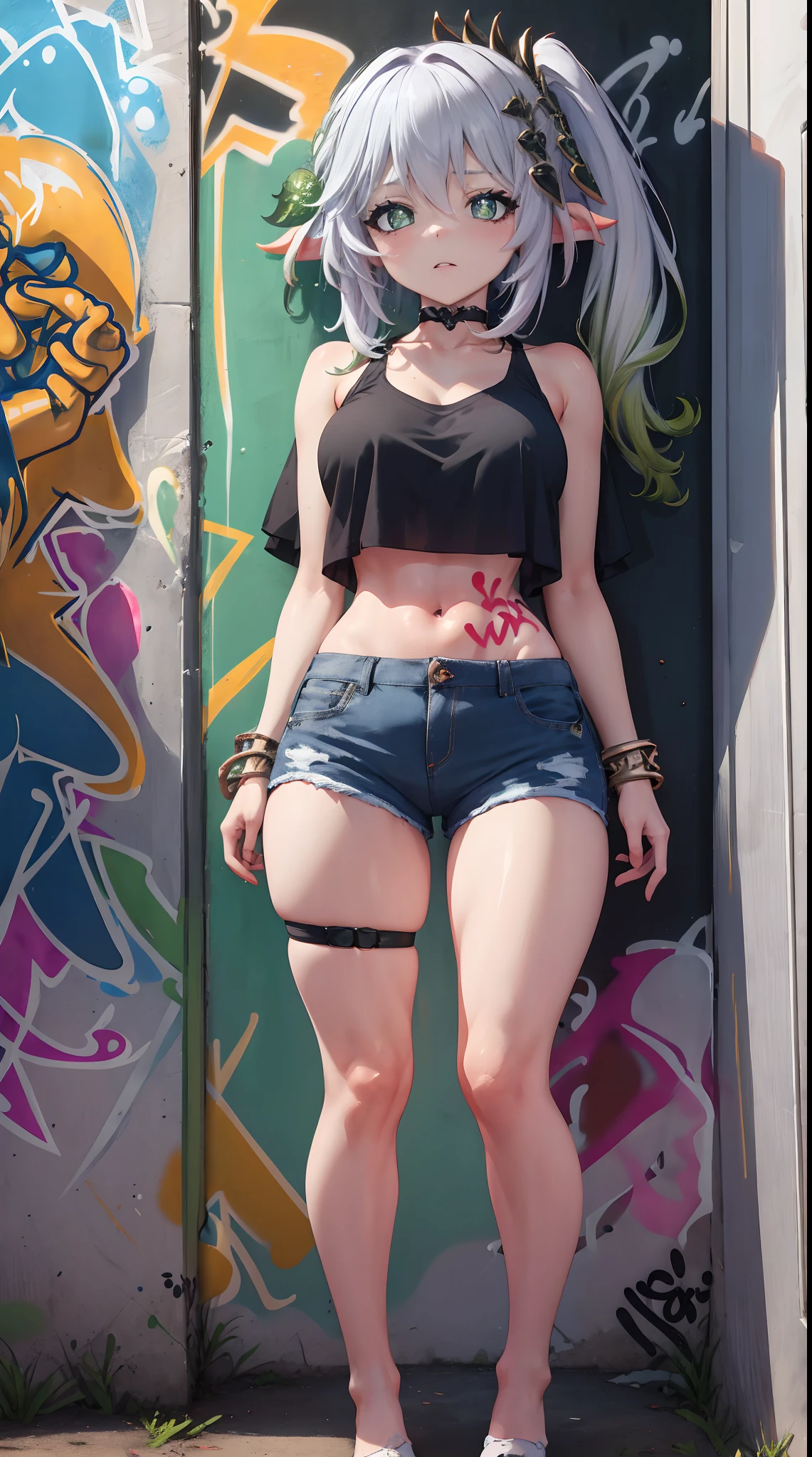 Nahida Genshin results, masterpiece, bestquality, 1girls, bara, crop top, shorts jeans, choker, (Graffiti:1.5), Splash color into letters"Kujou Sara", arm behind back, against wall, looking at the audience, bracelet, Thigh strap, Paint on the body..........................., Head tilt, bored, multicolored hair, water eyes, headset,