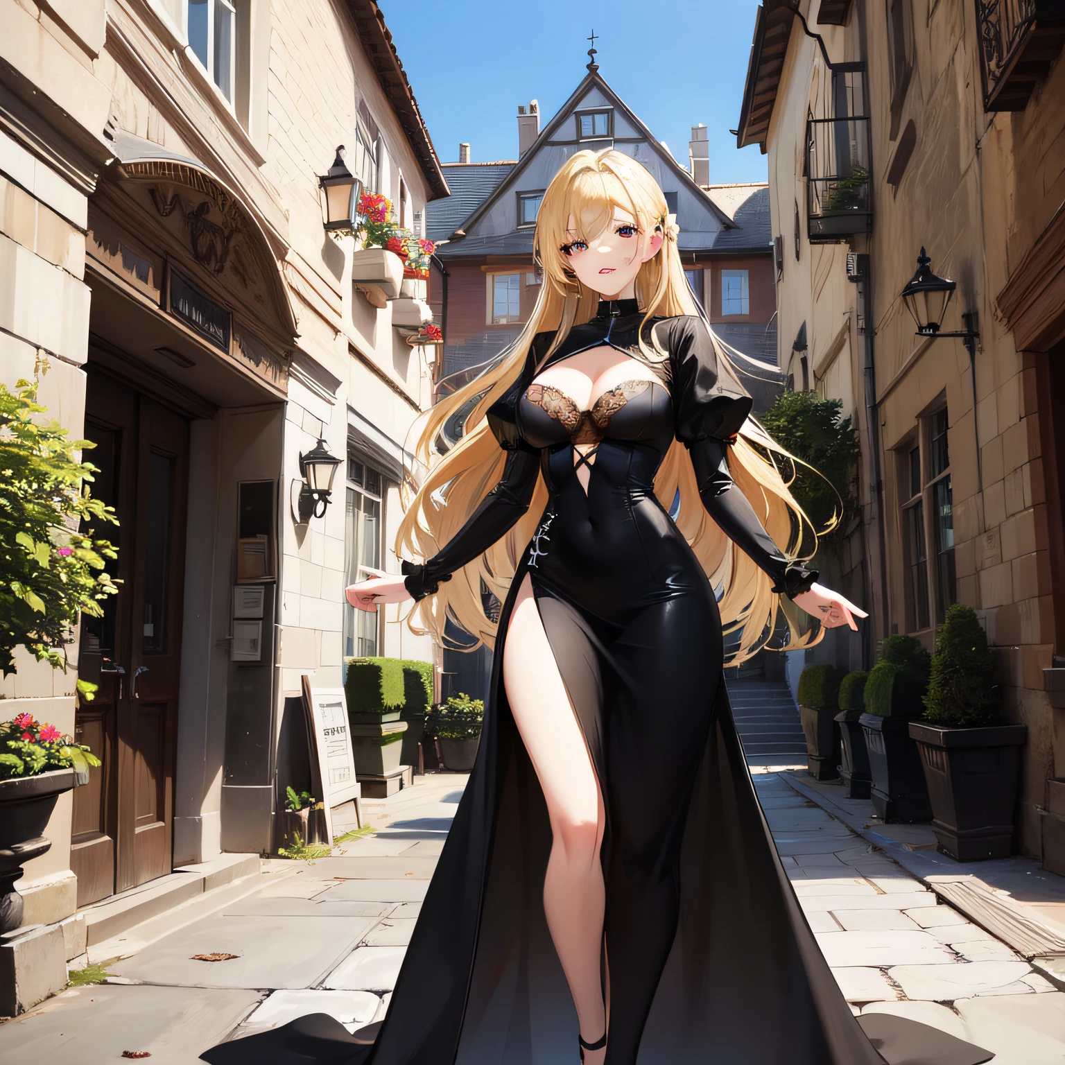 In the courtyard，A woman with a busty figure，wearing a black dress，Long blonde hair