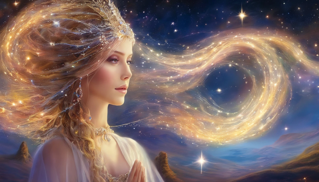 Landscape, Queen in dress made of white veil on starry night、Olhando diagonalmente para cima, Galaxy at the top, Light Vortex, redemoinho，8Ｋ, Qualidade de imagem realista，Espiral estelar, runa, fine-grained skin, Beautiful woman，cabelos longos com cabelos grisalhos, flowing hair，linda uma menina，Arrastando sua bainha extraordinariamente longa、Cruzando a Terra Abaixo.  Enquanto ela caminha, Noite estrelada cai em seu caminho.　Fantasia Noturna Estrelada. Rosto bonito perfeito, perfect hands, arte de fantasia, Landscape, qualidade superior，super-fino，Foto realism，