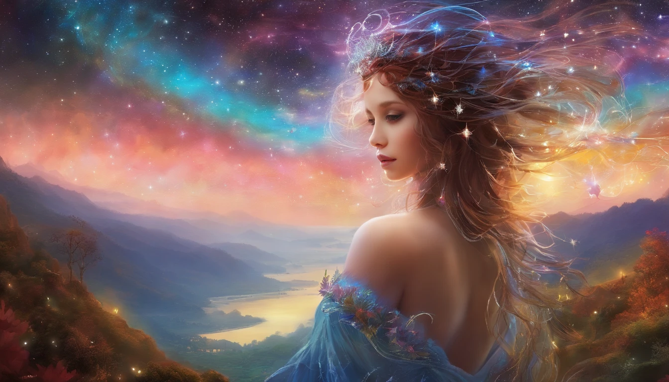 Landscape, Queen in dress made of white veil on starry night、Olhando diagonalmente para cima, Galaxy at the top, Light Vortex, redemoinho,8K, Qualidade de imagem realista,Espiral estelar, runa, fine-grained skin, Beautiful woman,cabelos longos com cabelos grisalhos, flowing hair,linda uma ,Arrastando sua bainha extraordinariamente longa、Cruzando a Terra Abaixo. Enquanto ela caminha, Noite estrelada cai em seu caminho. Fantasia Noturna Estrelada. Rosto bonito perfeito, perfect hands, arte de fantasia, Landscape, qualidade superior,super-fino,Foto realism,