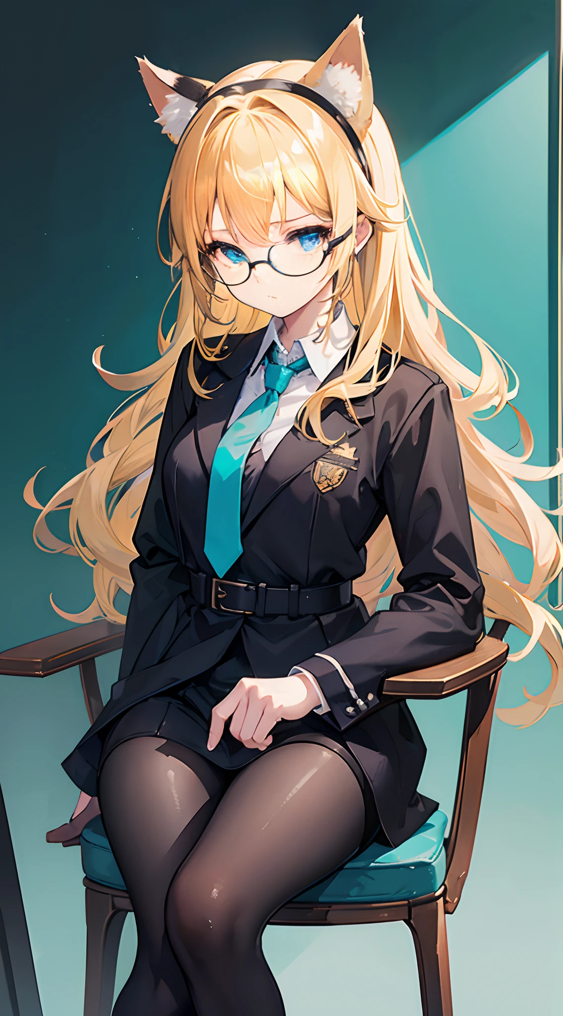 18-year-old girl with golden hair, Turquoise eyes, Long hair, black ribbon tie at the back.. Cat ears with collar, Glasses Wear a black women's work suit., sit on a chair.