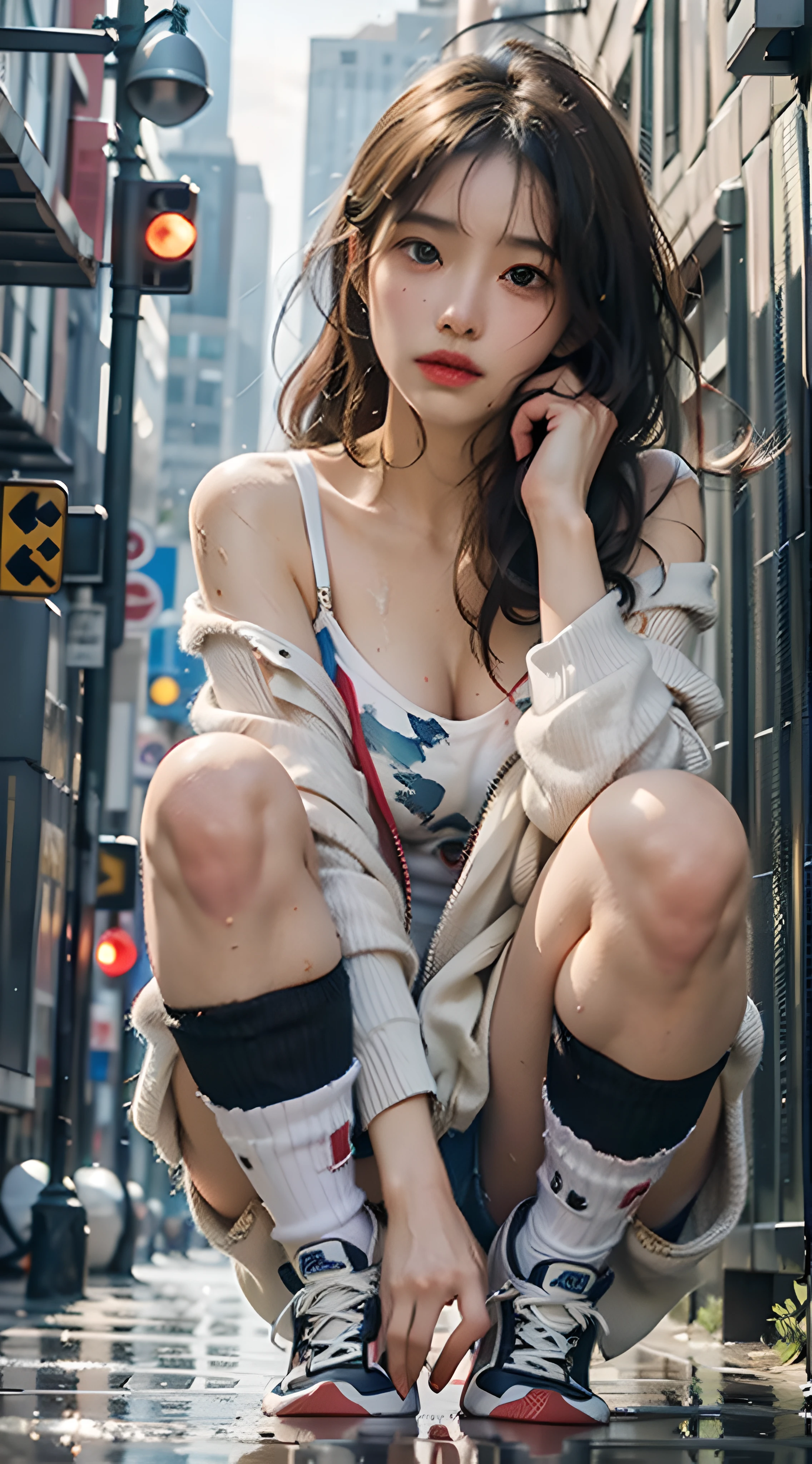 The highest image quality, ​masterpiece, The ultra-Highres, (Fidelity:1.4), a photo of, 1 girl in,Highly detailed face and skin texture, Detailed Eyes, photorealistic eyes, Beautiful detailed eyes, (Realistic skin), Attractive, The ultra-Highres, ultra realisic, highly detaild, Golden proportions, (sweatshirt, running shoes), Dim, A dark, despair, compassionate, poor, films, watery eyes, watery eyes, (ripped clothing: 1.5), ((wetclothes: 1.4)), bare shoulder, Real rain, Wet hair, ((South Korean, s whole body))