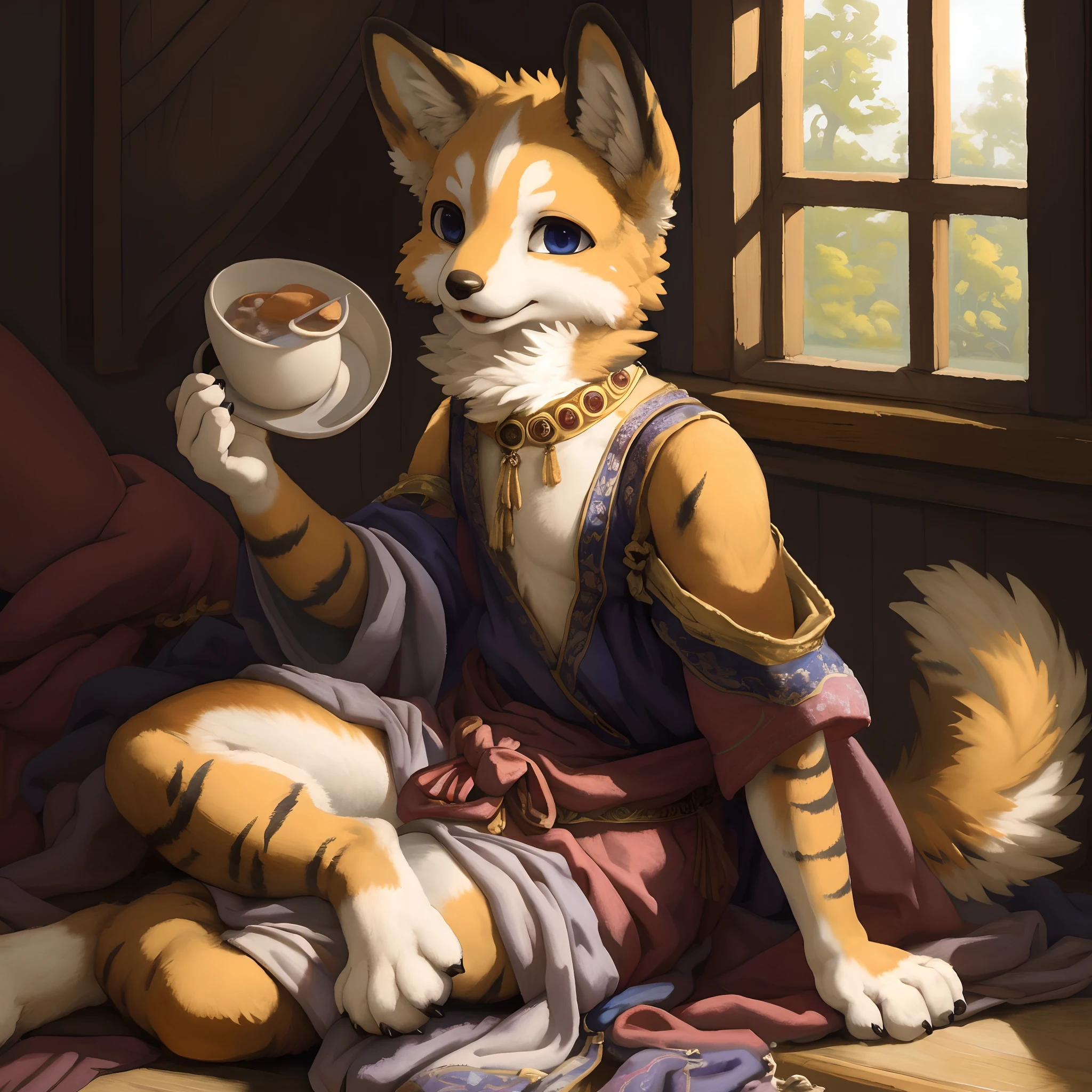 highres, top quality, best quality, paid reward available, High-quality illustrations by Johannes Vermeer, unparalleled masterpiece, perfect artwork, absurdres, perfect anatomy(highly detailed beautiful face and eyes)(angelic cute 1girl, kemono, solo focus)(furry)(furry anthro:1.7)(Furry body, dog facial features, dog body features)(very detailed body fur)full body, dynamic pose,