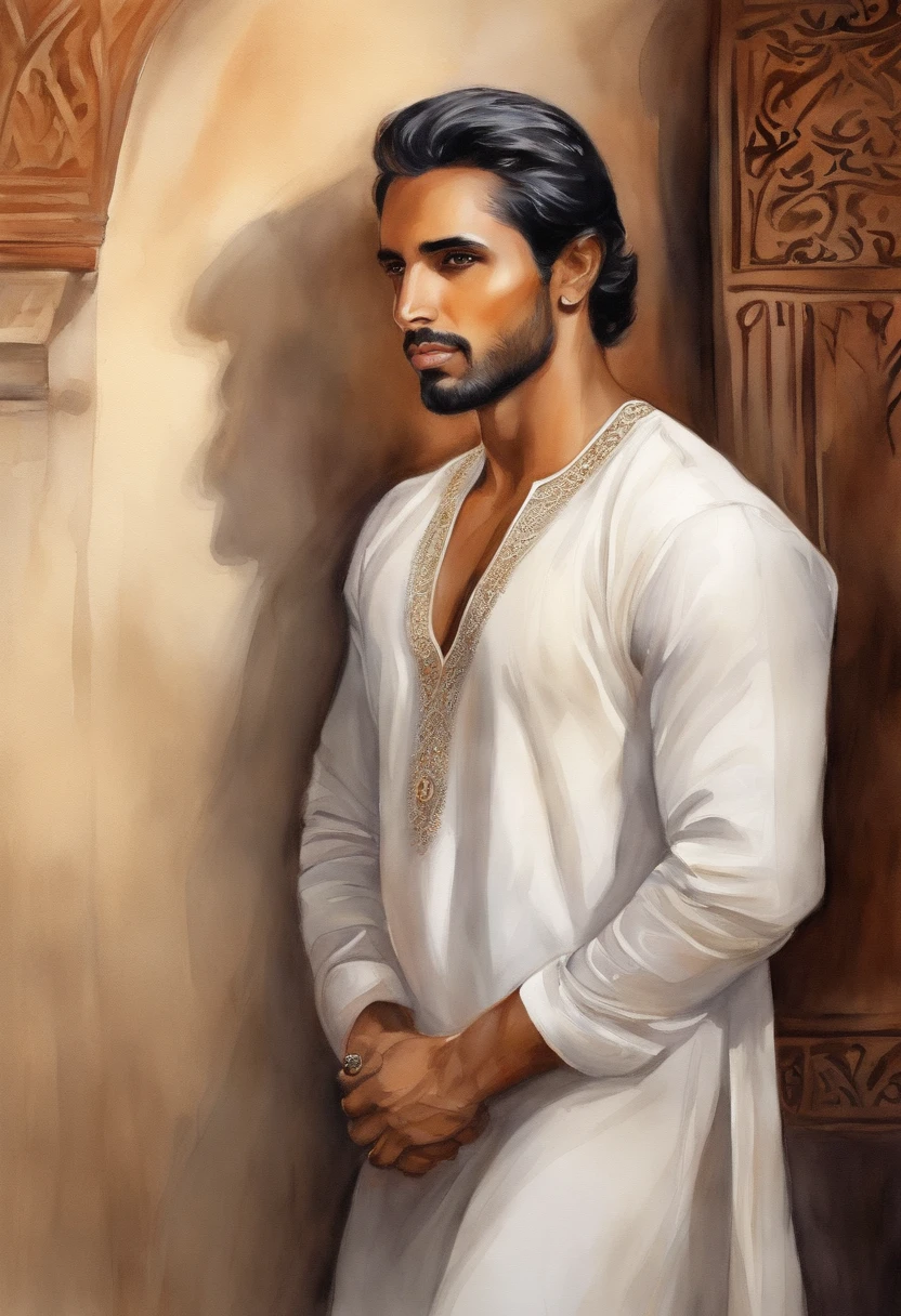 Arab prince, Arabian, mansion, 1guy. solo, brown skin, black hair, white clothes, perfect eyes, perfect face, Masterpiece, Top quality, Best quality, High quality, Ultra-detailed, fire in the background, Vibrant colors, Solo, Extremely detailed