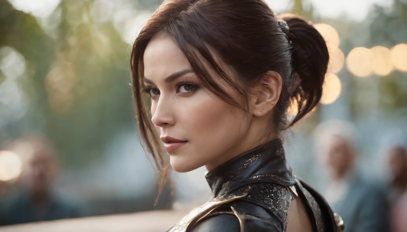 Retrato de uma mulher bonita atraente com cabelo preto com traje de personagem de luta do jogo tekken 7，(altamente detalhado: 1.2), Hyper-detailed eyes and use of high-tech sunglasses with holographic display 1.2)