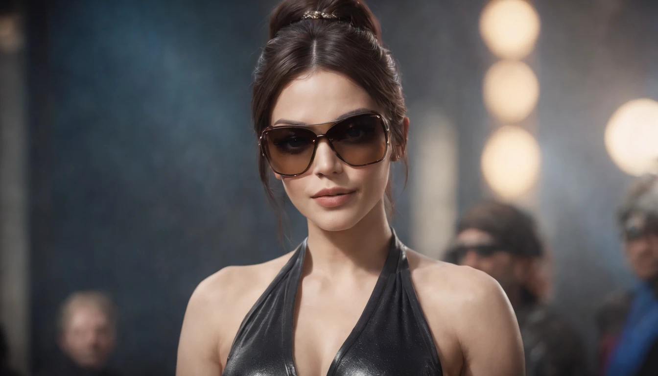 Retrato de uma mulher bonita atraente com cabelo preto com traje de personagem de luta do jogo tekken 7,(altamente detalhado: 1.2), Hyper-detailed eyes and use of high-tech sunglasses with holographic display 1.2)