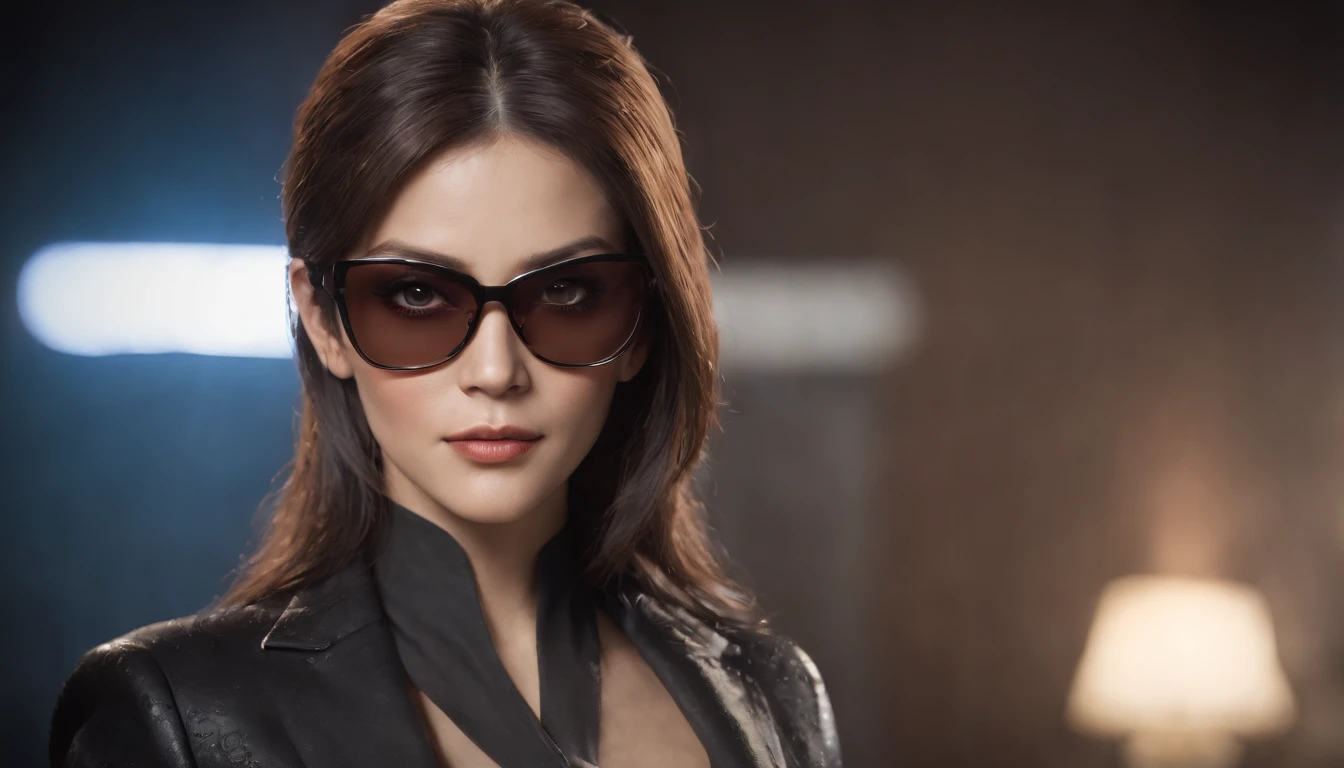 Retrato de uma mulher bonita atraente com cabelo preto com traje de personagem de luta do jogo tekken 7,(altamente detalhado: 1.2), Hyper-detailed eyes and use of high-tech sunglasses with holographic display 1.2)