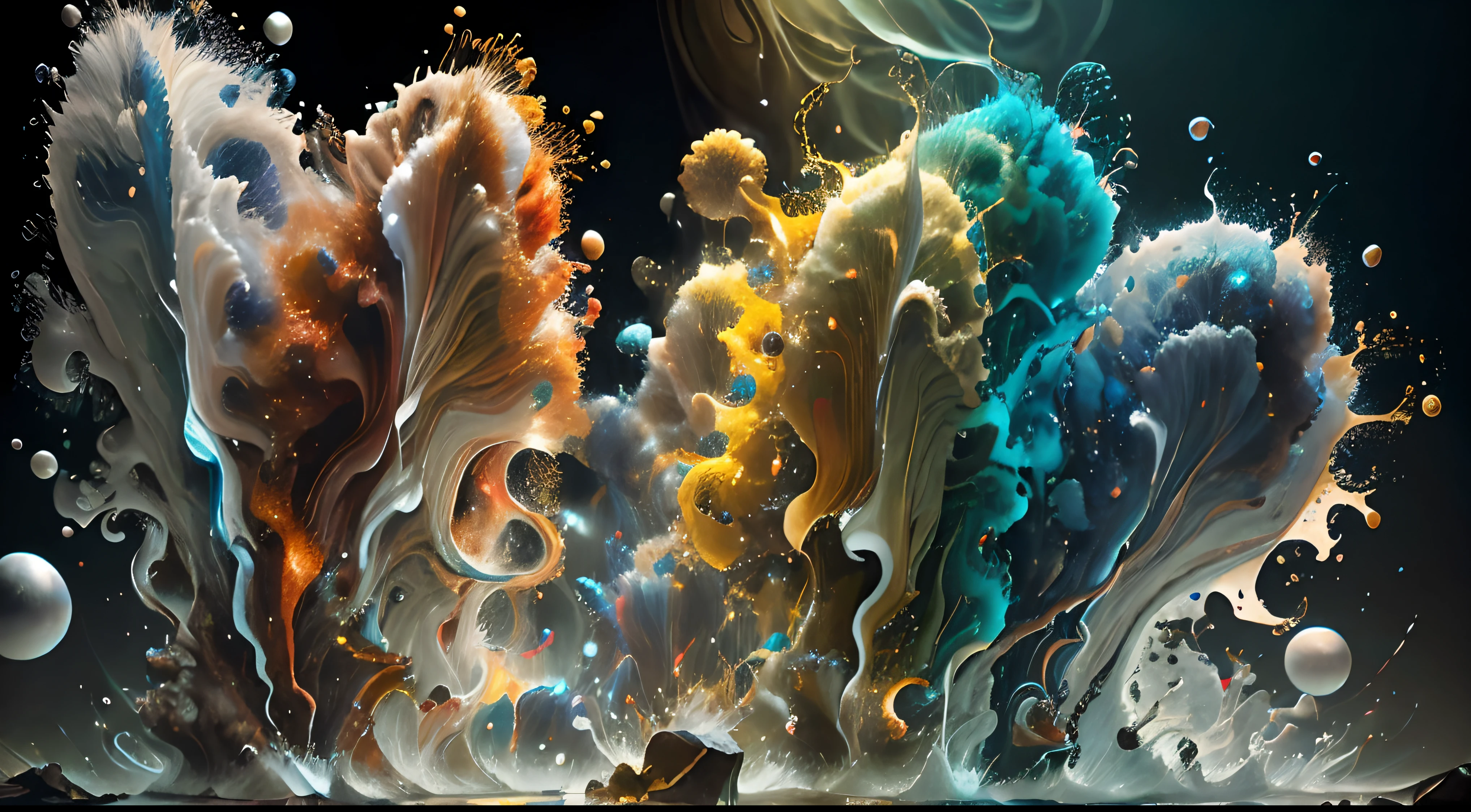Obra de Arte abstracto multicolor en movimiento.Arte de Alberto Severo. Un primer plano de chorros y corrientes de metales preciosos fundidos que chocan entre si y forman , inmensas cantdades de gotas multicolores y chorros metalicos de oro, plata, cobre mercurio, que burbujean ,explotan ,remolinean y fluyen y ocupan todo el espacio, nubes de fluidos de colores metalicos dorados, plateados, cobrizos brillantes y tornasolados,burbujas tornasoladas, ,remolinos de gotas tornasoladas que giran y escapan.Crea una fascinante obra de arte abstracta con un enfoque en la fluidez y el movimiento. Utilice una paleta de colores rica y diversa, Blend tones seamlessly to evoke a sense of continuous movement, Background of psychedelic fuids in motion. Arte de los fluidos en movimiento