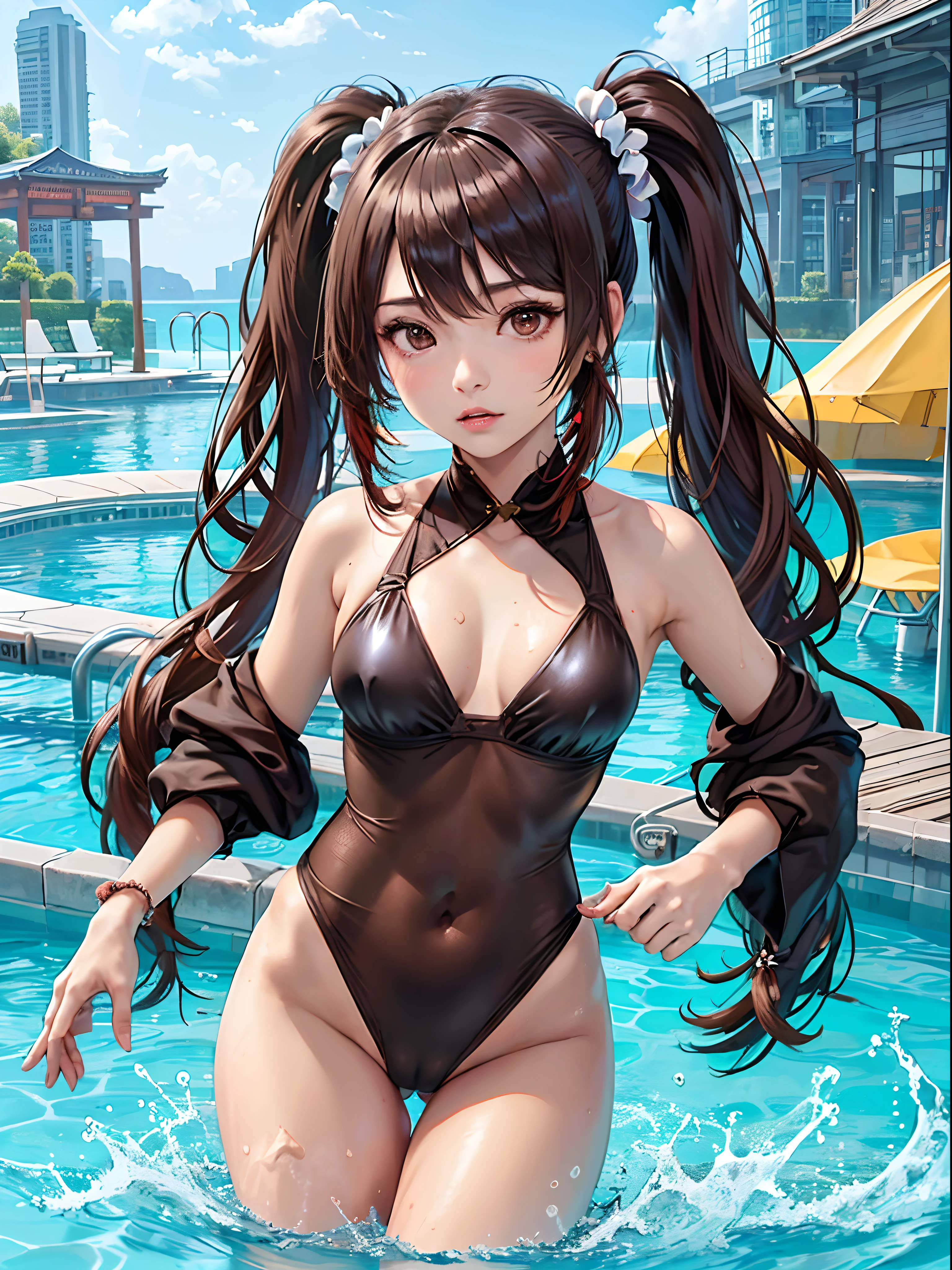 1 girl,hu tao,(genshin impact), extremely detailed, perfect girl, perfect body,(brunette hair), ((brown swimsuit)),(((see through))), kimono, masterpiece, 4k, realistic anime, pool, wide hips, 18 year old girl, sitting in the pool, ((puffed cameltoe)), (((small breasts))), (((long twin pigtails))), spreading legs
