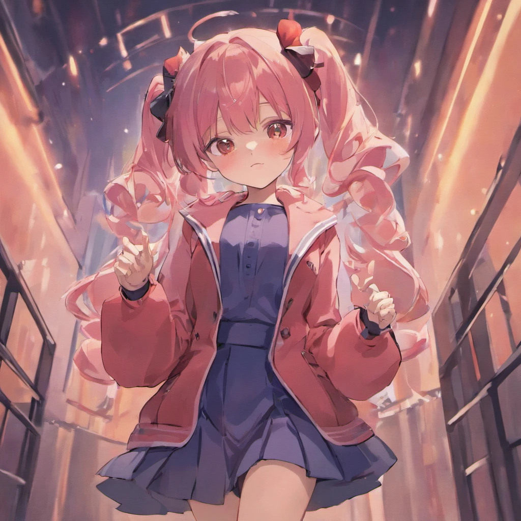 Very cute chibi anime girl, Mini Characters、Solo, Simple background, Beautiful twin tails 、 Pretty girl、Cute Chibi、 Dark blue blazer, Pink skirt、High School Uniform, Full body , Highly detailed face and eyes, The contours are clear、A great expression that surprised me with my hand on my cheek.(Oh My Gar)