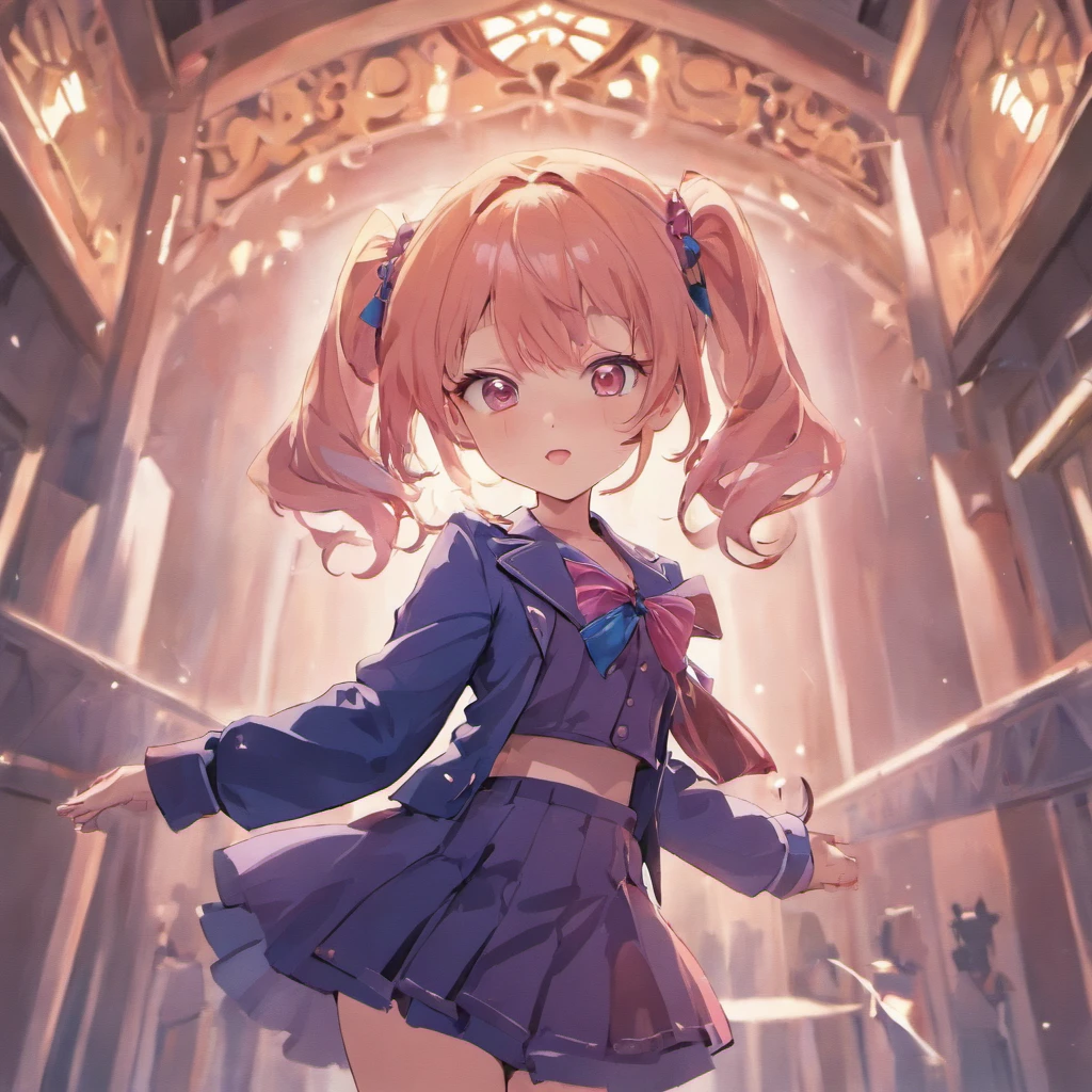Very cute chibi anime girl, Mini Characters、Solo, Simple background, Beautiful twin tails 、 Pretty girl、Cute Chibi、 Dark blue blazer, Pink skirt、High School Uniform, Full body , Highly detailed face and eyes, The contours are clear、A great expression that surprised me with my hand on my cheek.(Oh My Gar)