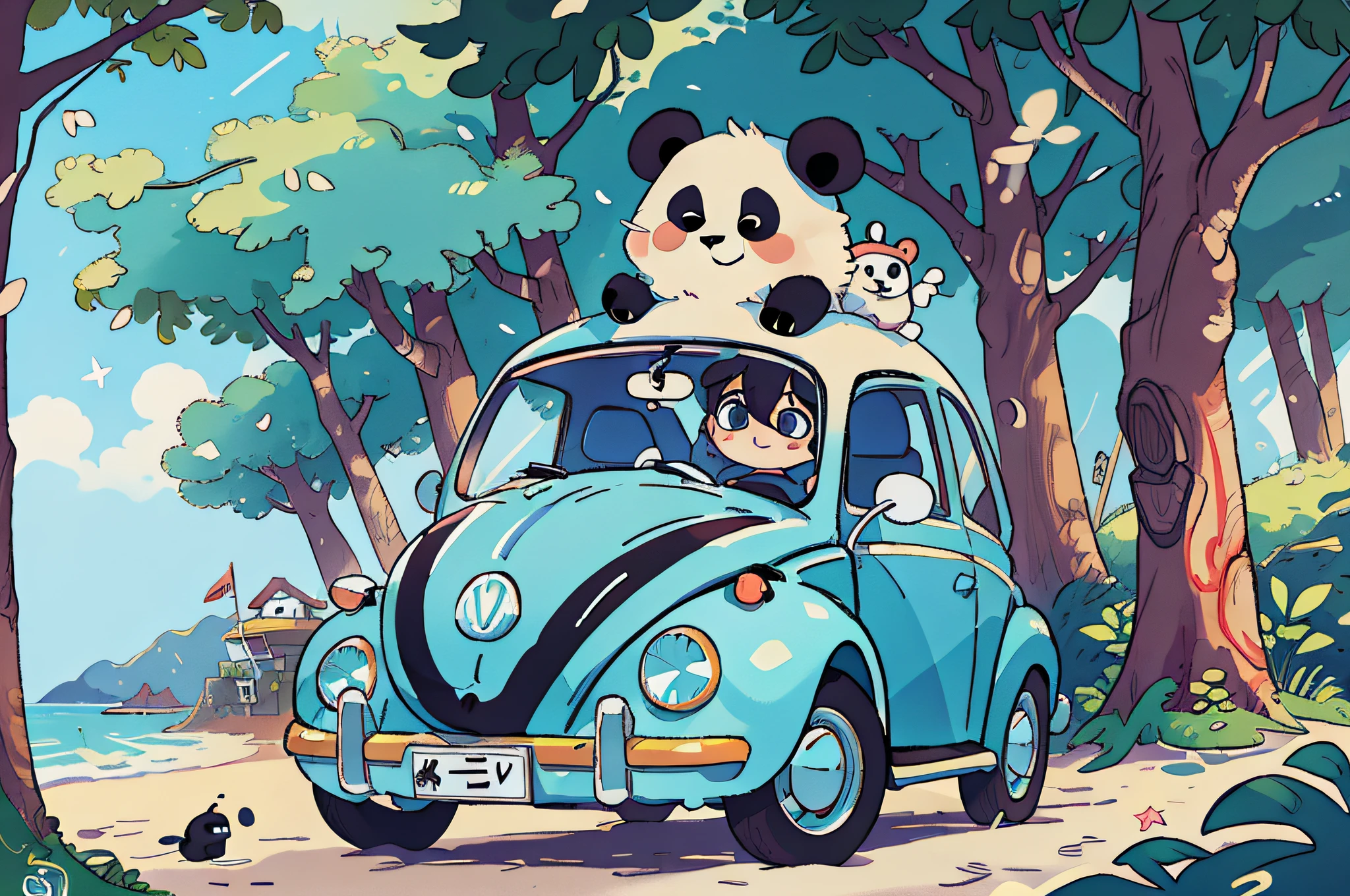 Masterpiece, High quality,4k, create a panda in the manga style, cartoon, alone, wearing a Head Fone and A light blue sweatshirt, next to a Volkswagen Beetle, on the beach street with a cherry tree in a dreamy atmosphere.