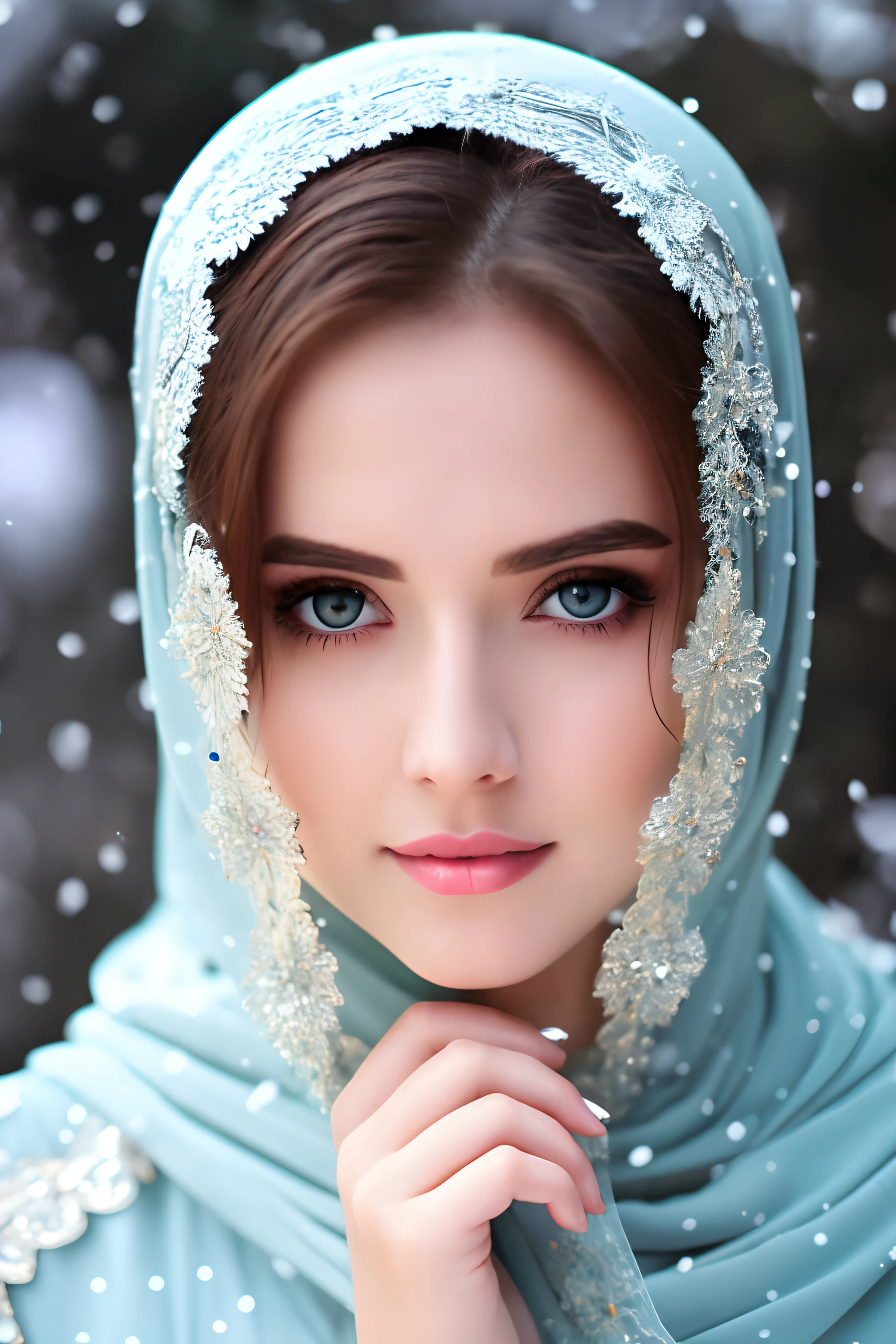 Photorealistic, High resolution, 1 Women, Solo, (ta costume),gorgeous costumes,face the audience,The upper part of the body,upper limbs, beautidful eyes, White hair, Ringed Eyes, (Outside,Heavy snowfall,cloaks,Cover with snow),snow field,Blue eyes,The best quality illustrations,Meticulous face
information, Muslim Hijab,huge tit,Sheer clothes,Protruding
