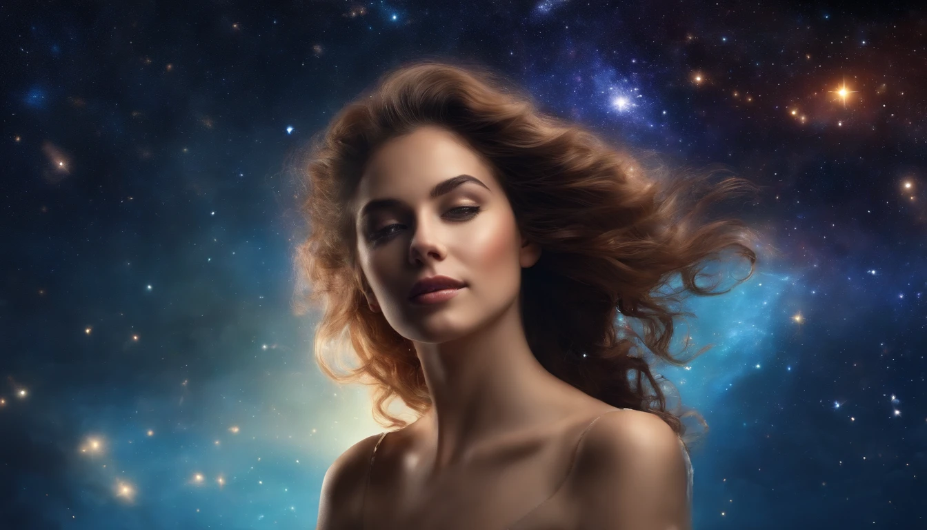 High detail, Super Detalhe, super high resolution, The girl enjoys her time in the fantasy galaxy, cercado por estrelas, Luz quente brilha sobre ela, The background is the starry sky with colorful galaxies and galactic clouds, Estrelas voavam ao seu redor, rosto delicado, Add a playful vibe , VFX surreal altamente detalhado,oc renderizado,Disparo com 70 mm - AR 16:9 --q 2 --s 1000