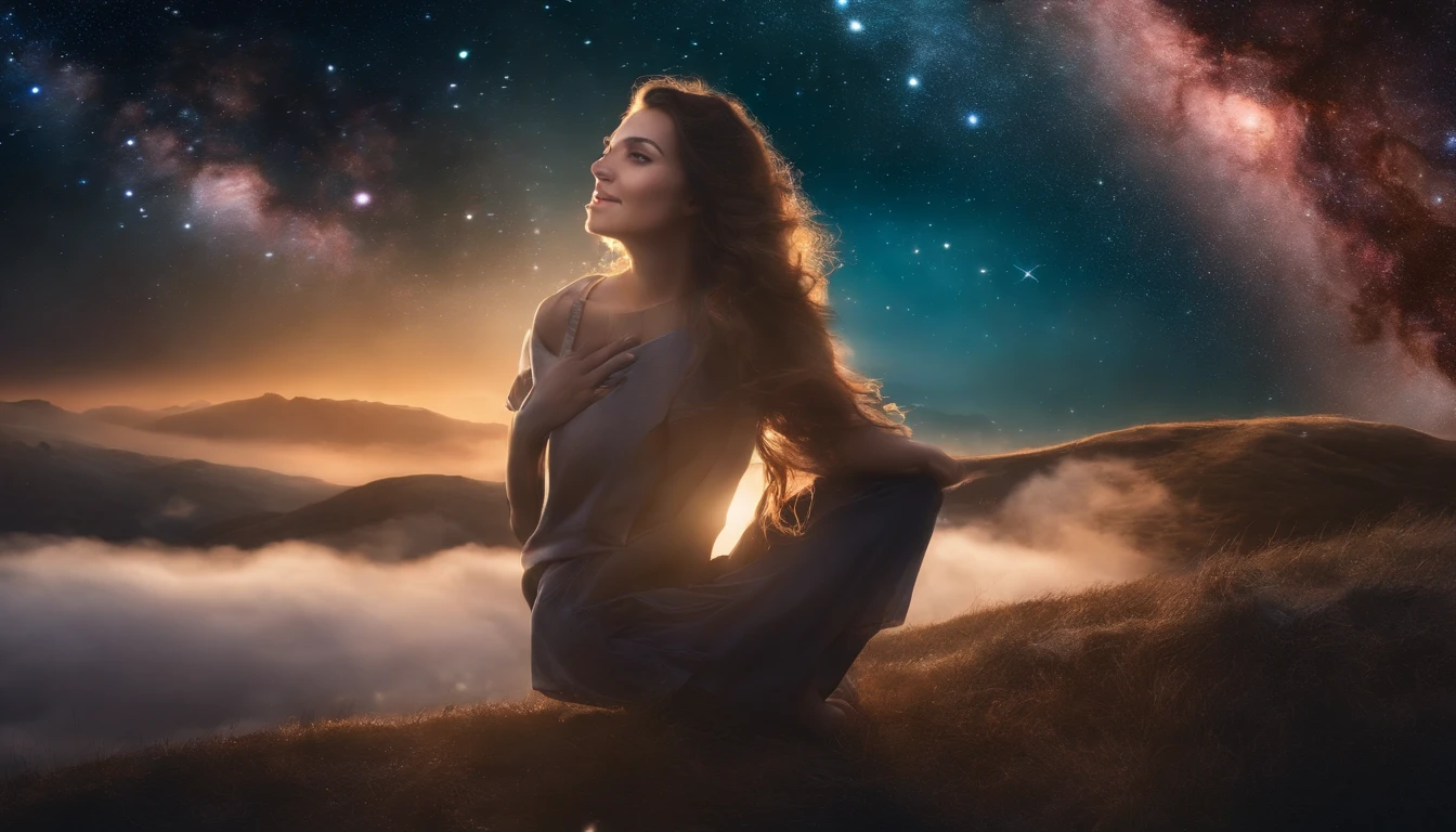 High detail, Super Detalhe, super high resolution, The girl enjoys her time in the fantasy galaxy, cercado por estrelas, Luz quente brilha sobre ela, The background is the starry sky with colorful galaxies and galactic clouds, Estrelas voavam ao seu redor, rosto delicado, Add a playful vibe , VFX surreal altamente detalhado，oc renderizado，Disparo com 70 mm - AR 16:9 --q 2 --s 1000