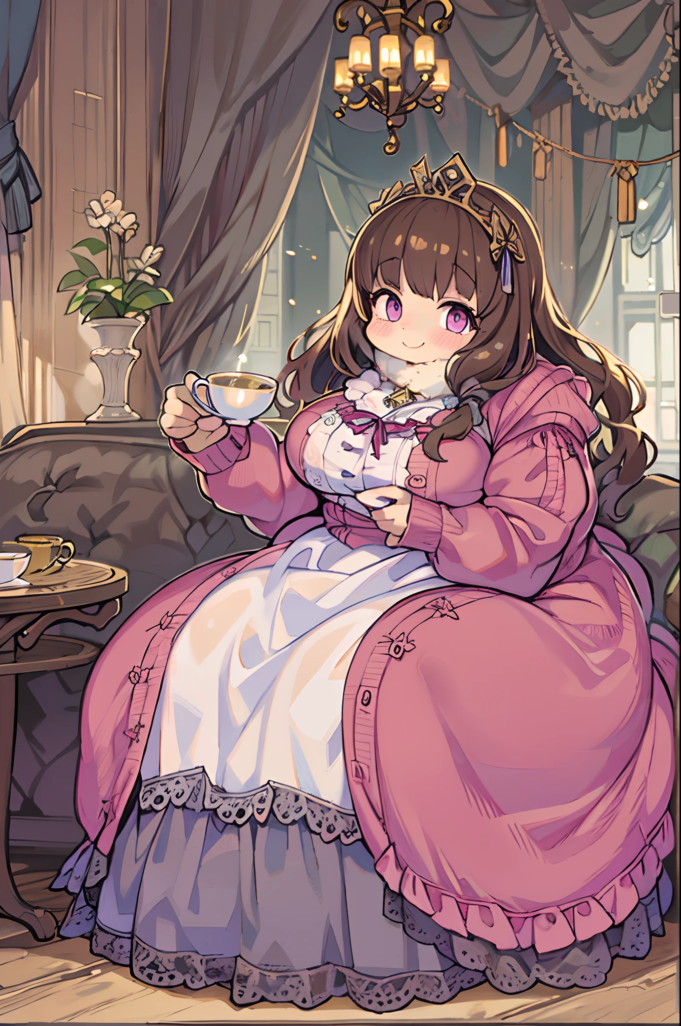 brown haired woman, violet eyes, Violet dress, victorian dress, royalty, Nobility, Drinking tea with a woman、huge-breasted、(((bbw))),Large Thigh,a serene smile