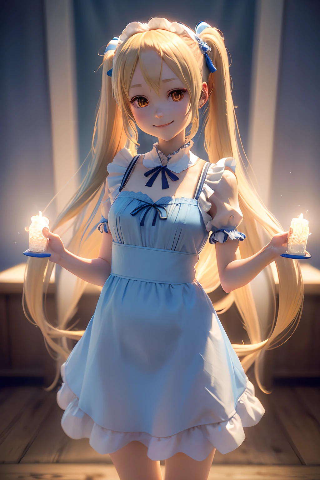 CG Digital Rendering,((Cute 3D Anime Slender Girl Rendering)),(((on the coast))),(((Slender girl with long blonde twin tails))),((())),((Blue color maid clothes)),See distant viewers,(((Bright lighting))),(((Reach out to your audience))).summertime,((a smile))