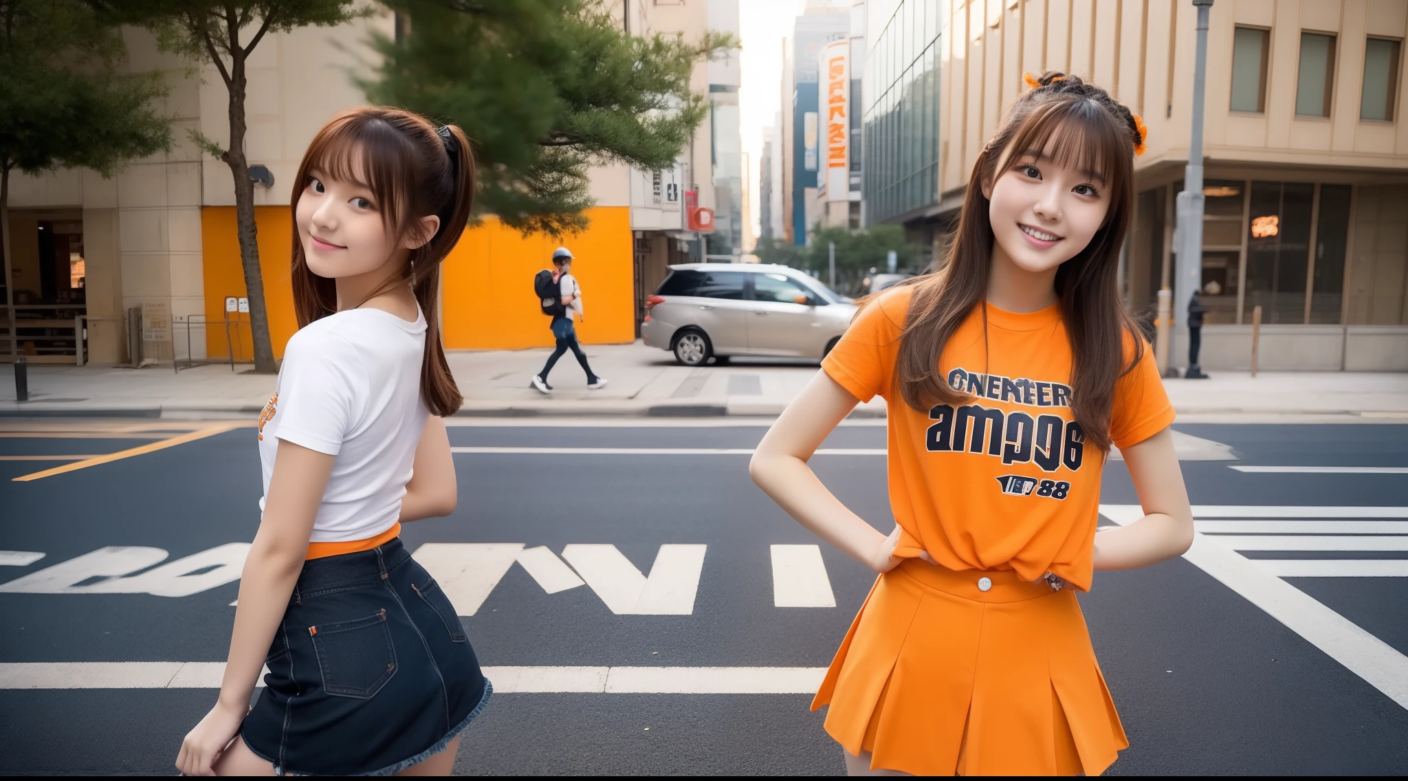 18-year-old cheergirl in orange miniskirt(T-shirt wearing)turns around