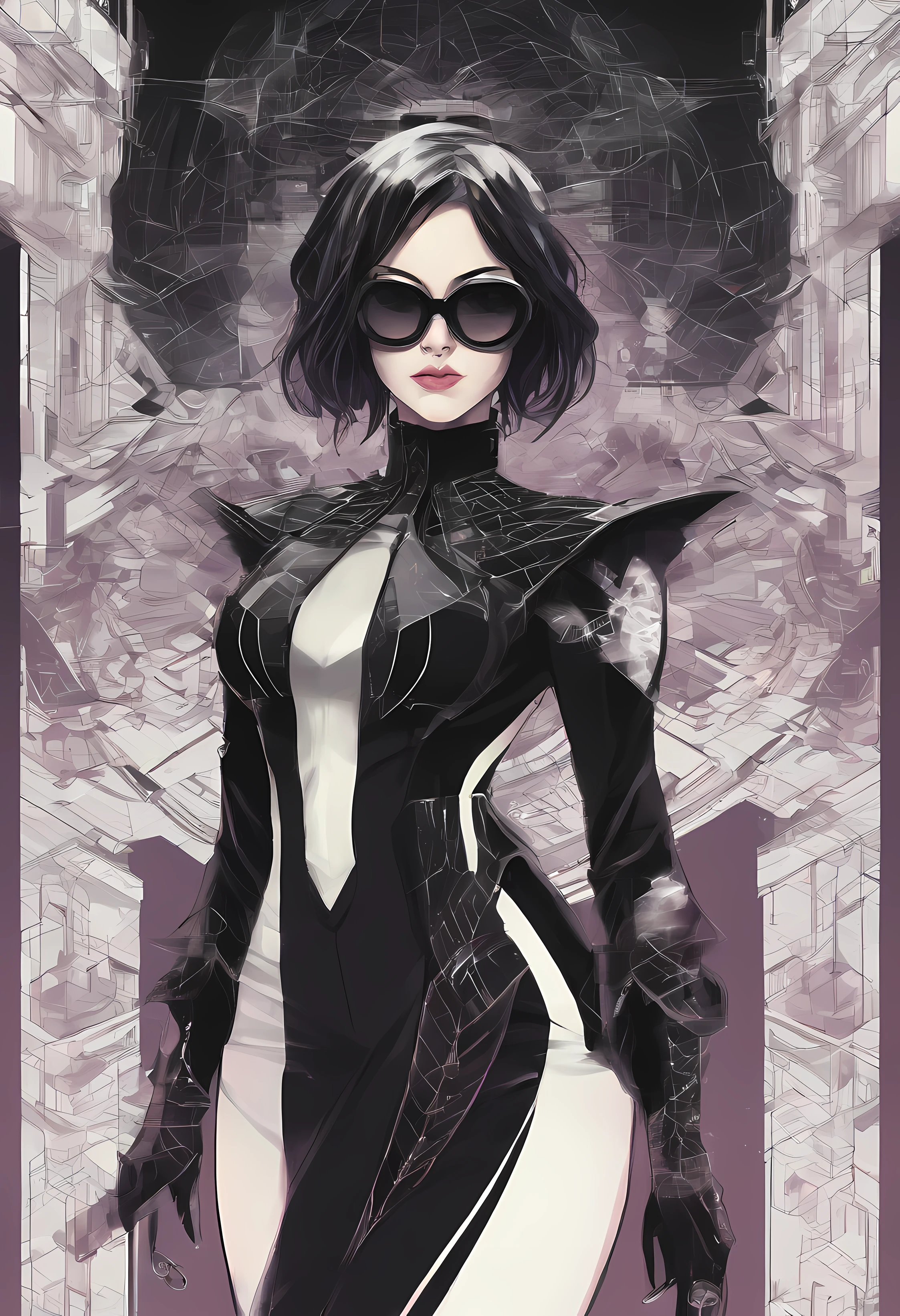 Portrait of an attractive beautiful woman with black hair with gothic costume, (altamente detalhado: 1.2), Hyper-detailed eyes and use of high-tech sunglasses with holographic display 1.2) ,multidimensional geometric wall PORTRAIT, arte, Chibi,Yang08k, lindo, Colouring,