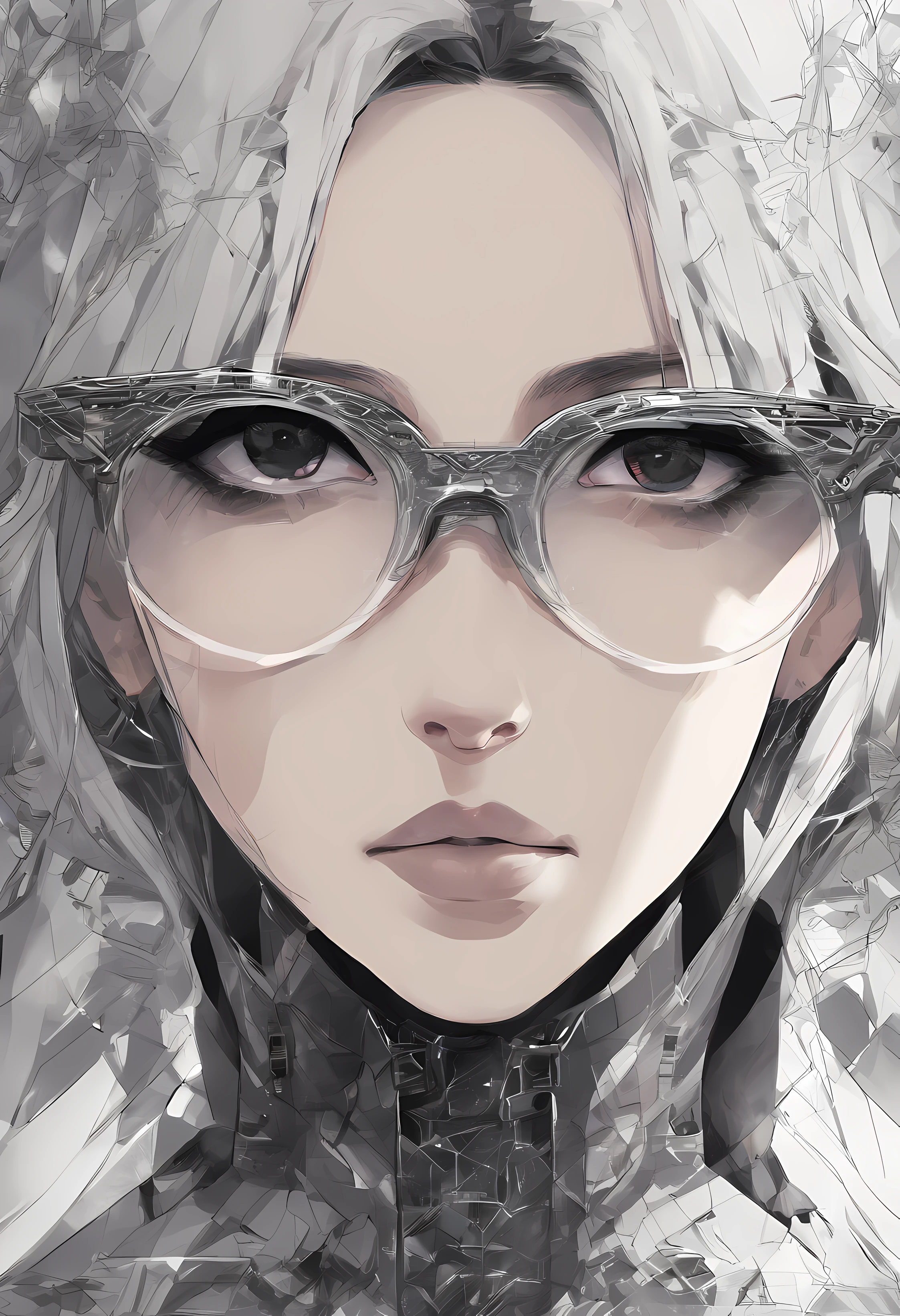 Portrait of an attractive beautiful woman with black hair with gothic costume, (altamente detalhado: 1.2), Hyper-detailed eyes and use of high-tech sunglasses with holographic display 1.2) ,multidimensional geometric wall PORTRAIT, arte, Chibi,Yang08k, lindo, Colouring,