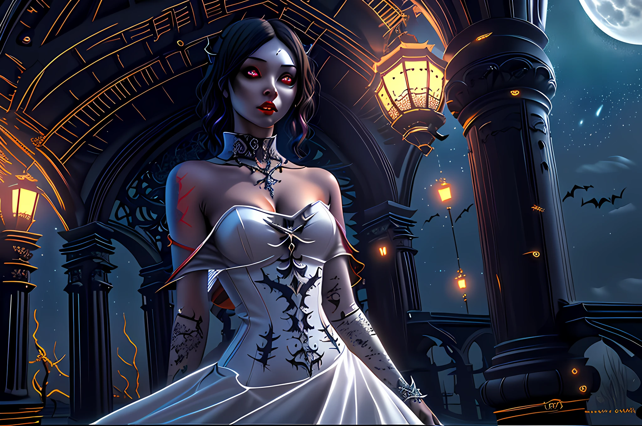 a picture of an exquisite beautiful gothic woman standing under the starry night sky on the porch of her castle, dynamic angle (ultra detailed, Masterpiece, best quality), ultra detailed face (ultra detailed, Masterpiece, best quality), ultra feminine, (black skin: 1.3), black hair, wavy hair, dynamic eyes color, cold eyes, glowing eyes, intense eyes, dark red lips, [fangs: 1.2], wearing white dress (ultra detailed, Masterpiece, best quality), wearing blue cloak (ultra detailed, Masterpiece, best quality), long cloak, flowing cloak (ultra detailed, Masterpiece, best quality), wearing high heeled boots, sky full of stars background, moon, bats flying about, high details, best quality, 8k, [ultra detailed], masterpiece, best quality, (ultra detailed), full body, ultra wide shot, photorealism, dark fantasy art, dark fantasy art, gothic art, many stars, dark fantasy art, gothic art, sense of dread,