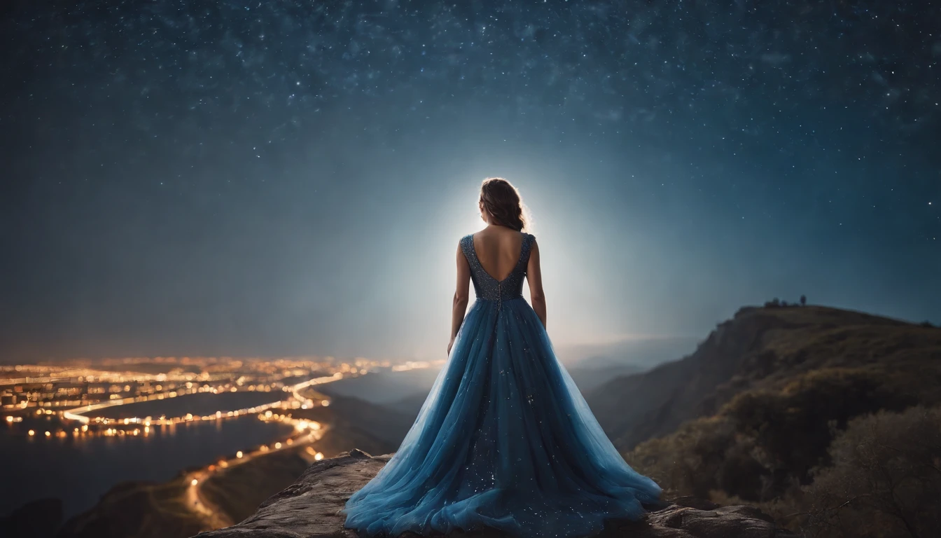 Landscape, A queen in a dress made of starry night veil is crisscrossing the Earth downstairs with her extraordinary long hem dragging. Enquanto ela caminha, Noite estrelada cai em seu caminho. Uma fantasia noturna estrelada. Rosto bonito perfeito, perfect hands, arte de fantasia, Landscape,