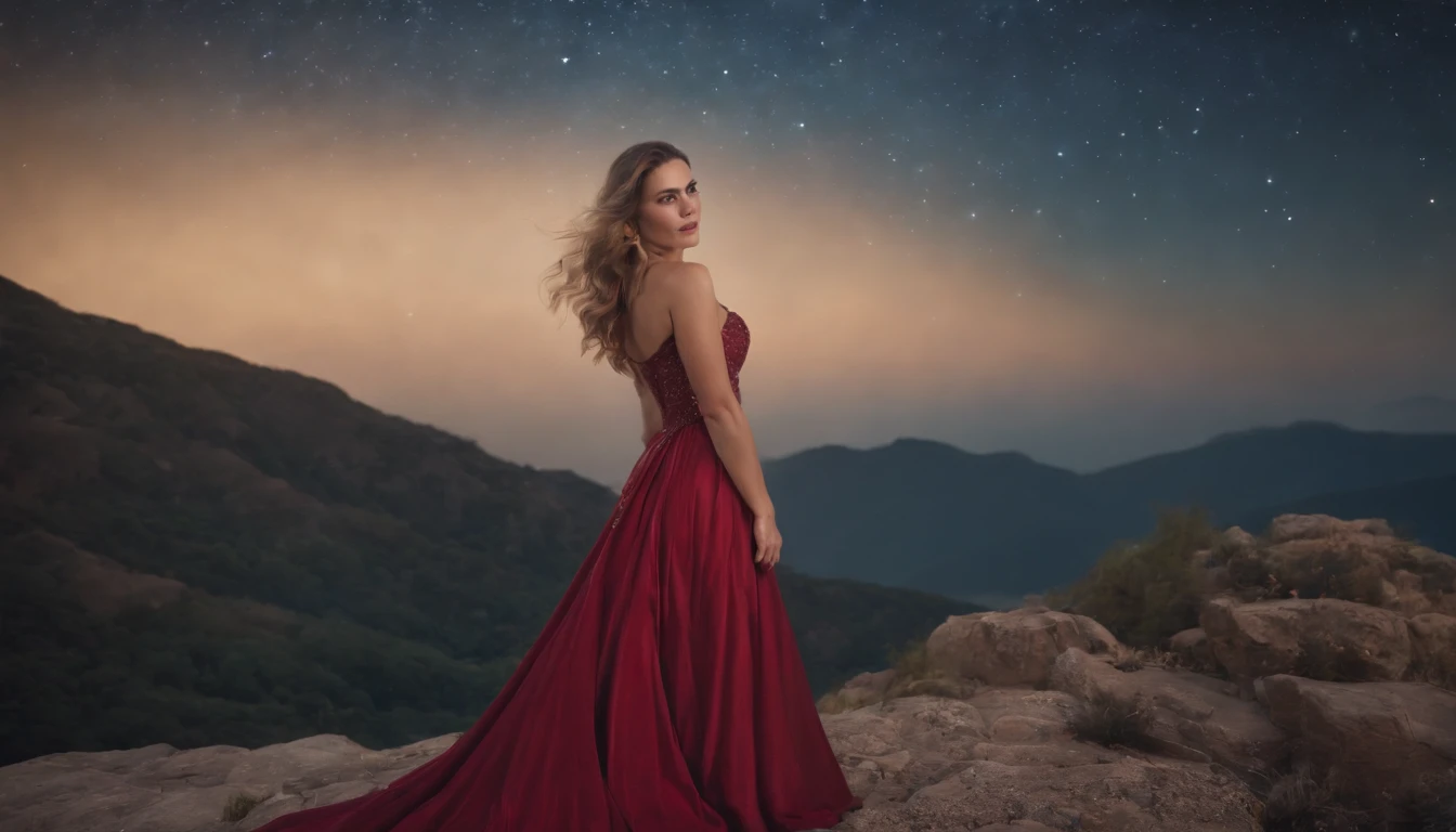 Landscape, A queen in a dress made of starry night veil is crisscrossing the Earth downstairs with her extraordinary long hem dragging. Enquanto ela caminha, Noite estrelada cai em seu caminho. Uma fantasia noturna estrelada. Rosto bonito perfeito, perfect hands, arte de fantasia, Landscape,