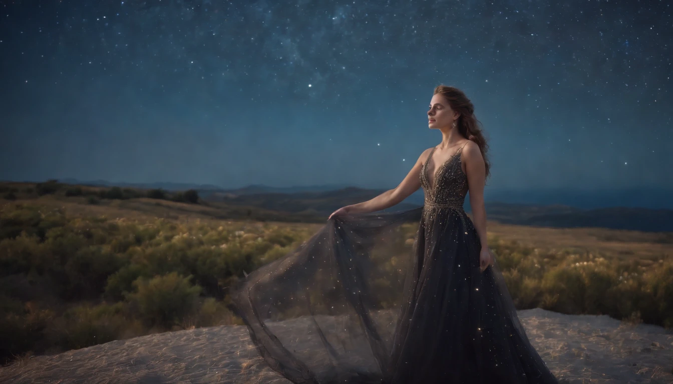 Landscape, A queen in a dress made of starry night veil is crisscrossing the Earth downstairs with her extraordinary long hem dragging. Enquanto ela caminha, Noite estrelada cai em seu caminho. Uma fantasia noturna estrelada. Rosto bonito perfeito, perfect hands, arte de fantasia, Landscape,