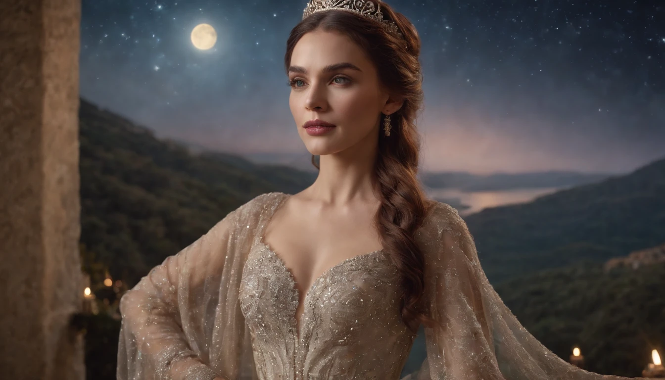 Landscape, A queen in a dress made of starry night veil is crisscrossing the Earth downstairs with her extraordinary long hem dragging. Enquanto ela caminha, Noite estrelada cai em seu caminho. Uma fantasia noturna estrelada. Rosto bonito perfeito, perfect hands, arte de fantasia, Landscape,