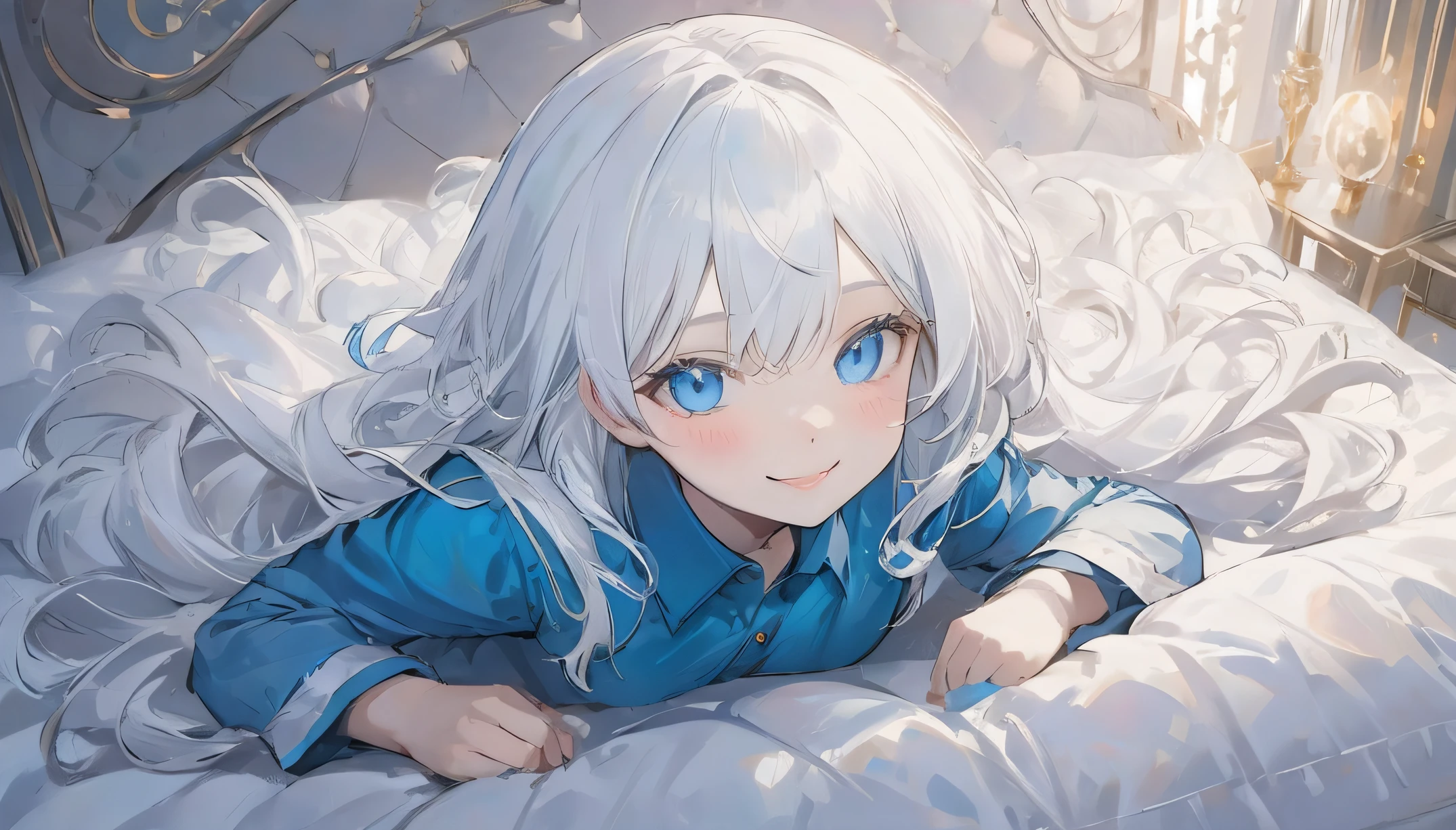 white hair , blue eyes , lay on bed , loli , smile , looking at camera