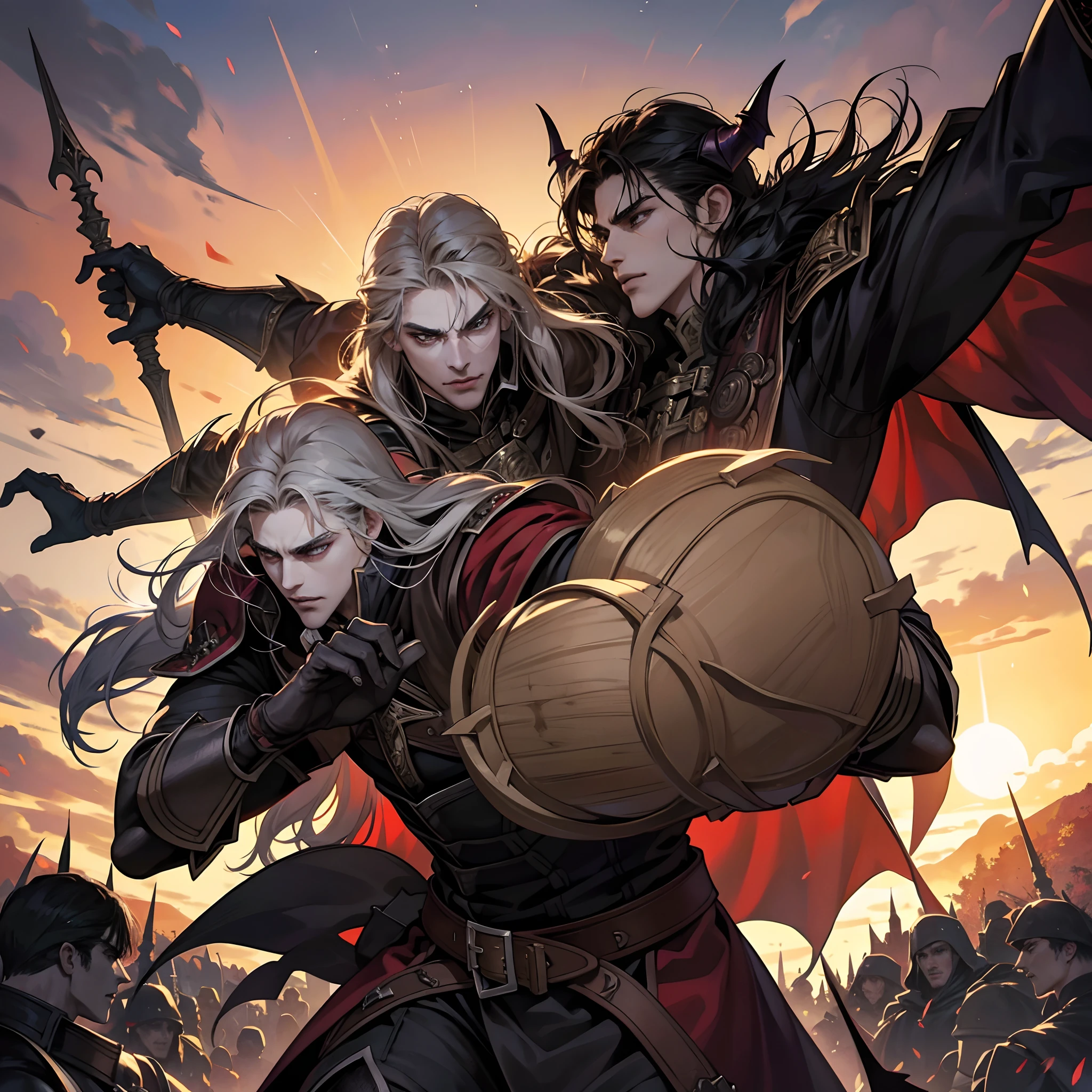 Castlevania Shadow Lord handsome muscular yet armor Lord Dracula leading troops armed with demons to war hyper realistic super detailed Dynamic pose super detailed faces hyper realistic super detailed