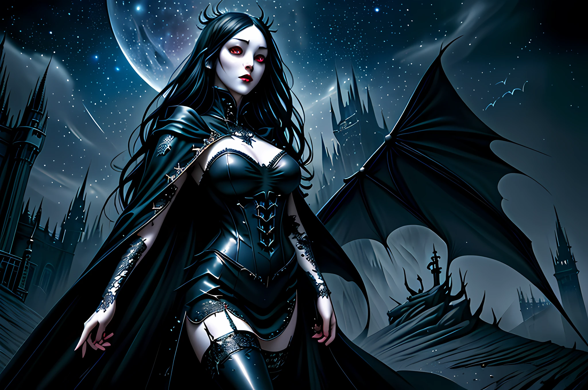 a picture of an exquisite beautiful gothic woman standing under the starry night sky on the porch of her castle, dynamic angle (ultra detailed, Masterpiece, best quality), ultra detailed face (ultra detailed, Masterpiece, best quality), ultra feminine, (black skin: 1.3), black hair, wavy hair, dynamic eyes color, cold eyes, glowing eyes, intense eyes, dark red lips, [fangs: 1.2], wearing white dress (ultra detailed, Masterpiece, best quality), wearing blue cloak (ultra detailed, Masterpiece, best quality), long cloak, flowing cloak (ultra detailed, Masterpiece, best quality), wearing high heeled boots, sky full of stars background, moon, bats flying about, high details, best quality, 8k, [ultra detailed], masterpiece, best quality, (ultra detailed), full body, ultra wide shot, photorealism, dark fantasy art, dark fantasy art, gothic art, many stars, dark fantasy art, gothic art, sense of dread,