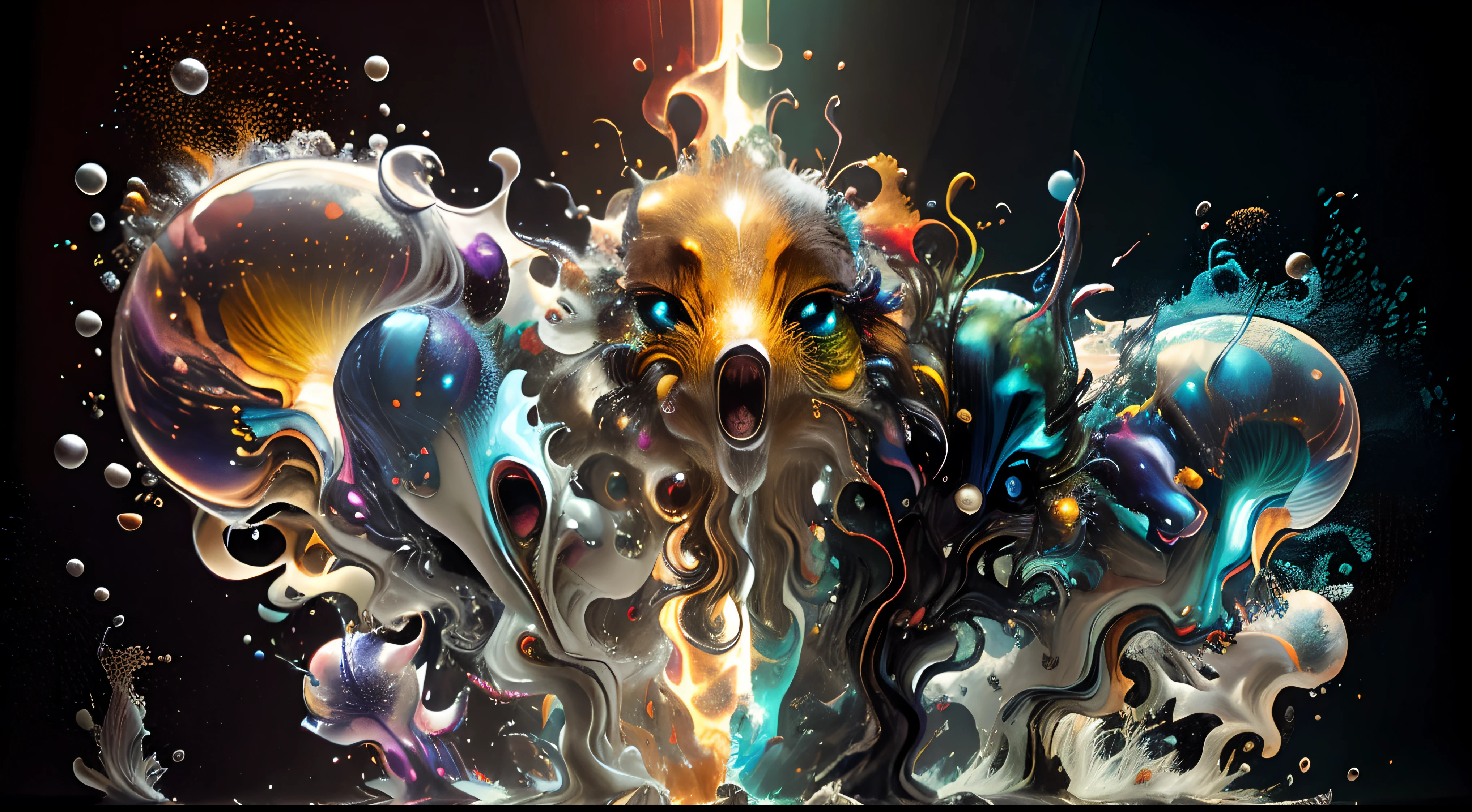 Obra de Arte abstracto multicolor en movimiento.Arte de Alberto Severo. Un primer plano de chorros y corrientes de metales preciosos fundidos que chocan entre si y forman , inmensas cantdades de gotas multicolores y chorros metalicos de oro, plata, cobre mercurio, que burbujean ,explotan ,remolinean y fluyen y ocupan todo el espacio, nubes de fluidos de colores metalicos dorados, plateados, cobrizos brillantes y tornasolados,burbujas tornasoladas, ,remolinos de gotas tornasoladas que giran y escapan.Crea una fascinante obra de arte abstracta con un enfoque en la fluidez y el movimiento. Utilice una paleta de colores rica y diversa, Blend tones seamlessly to evoke a sense of continuous movement, Background of psychedelic fuids in motion. Arte de los fluidos en movimiento