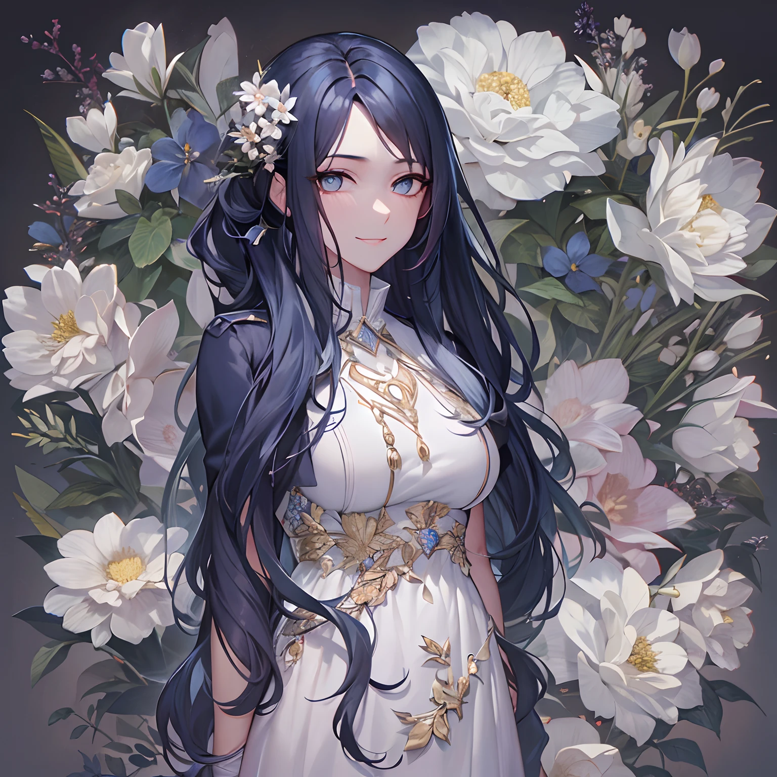 Woman, long dark blue hair gathered in a low ponytail, pale eyes, white combat dress with silver details and flowers, modernity, calm smile, full length