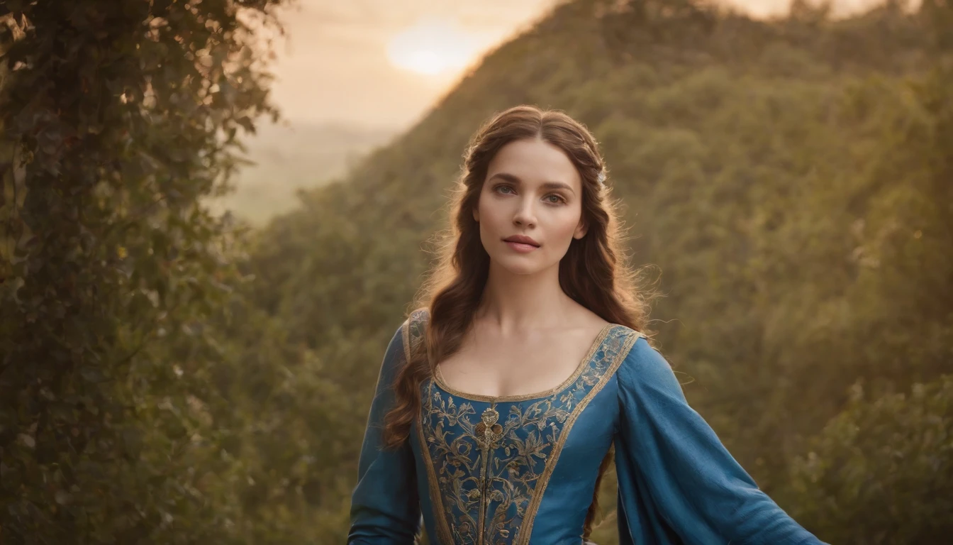 (melhor qualidade, masutepiece), young woman, vestido azul medieval da princesa, Posar, Particle, vento, flor, parte superior do corpo, fundo da noite da lua cheia, Olhando para o Viewer, longos cabelos dourados lisos soprados pelo vento, olhos azuis detalhados, galaxy, back lighting, Luzes de aro, beautiful artwork, perfect composition